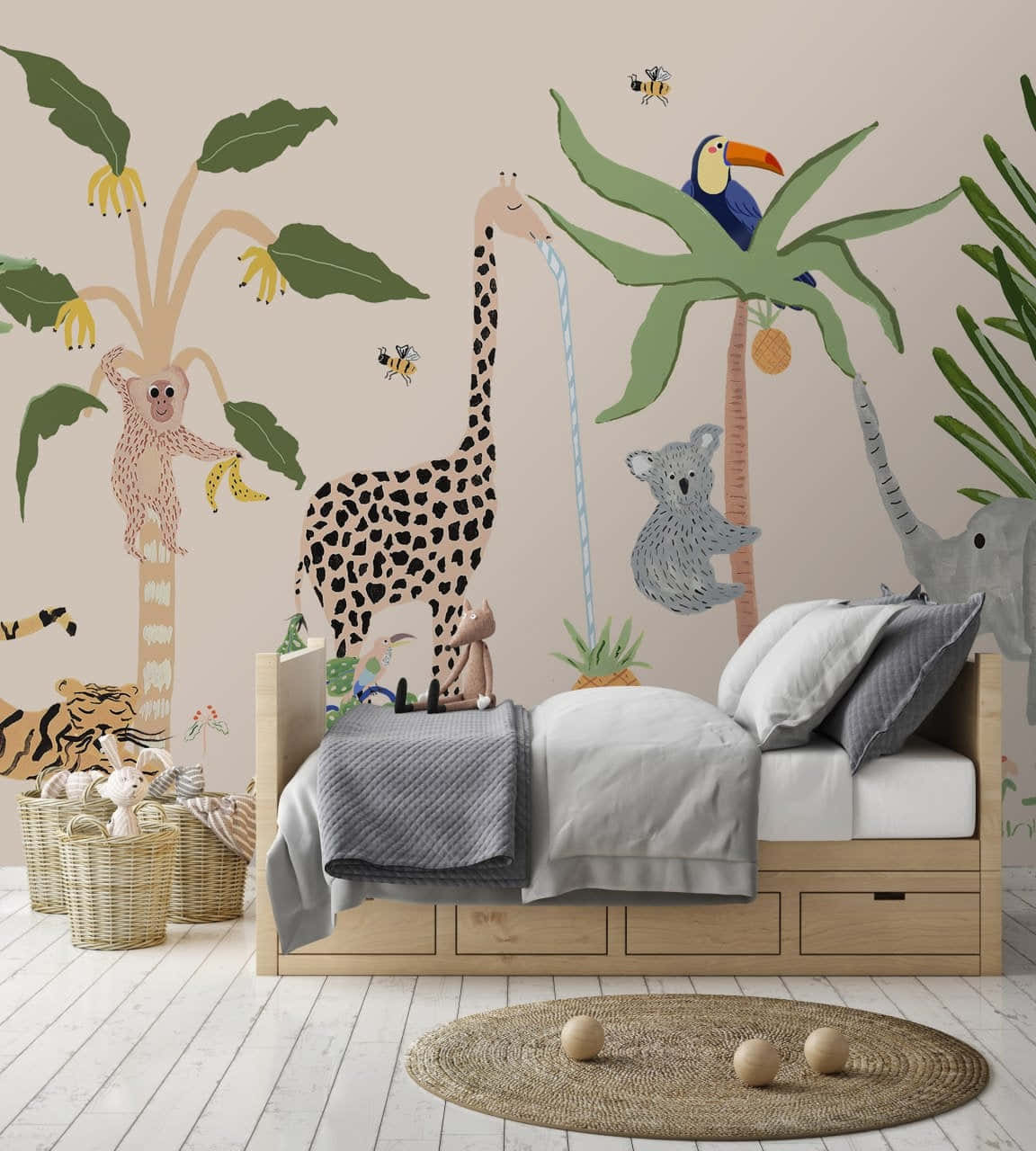 cute giraffe, whimsical jungle wallpaper, beige wall, HD Phone Wallpaper