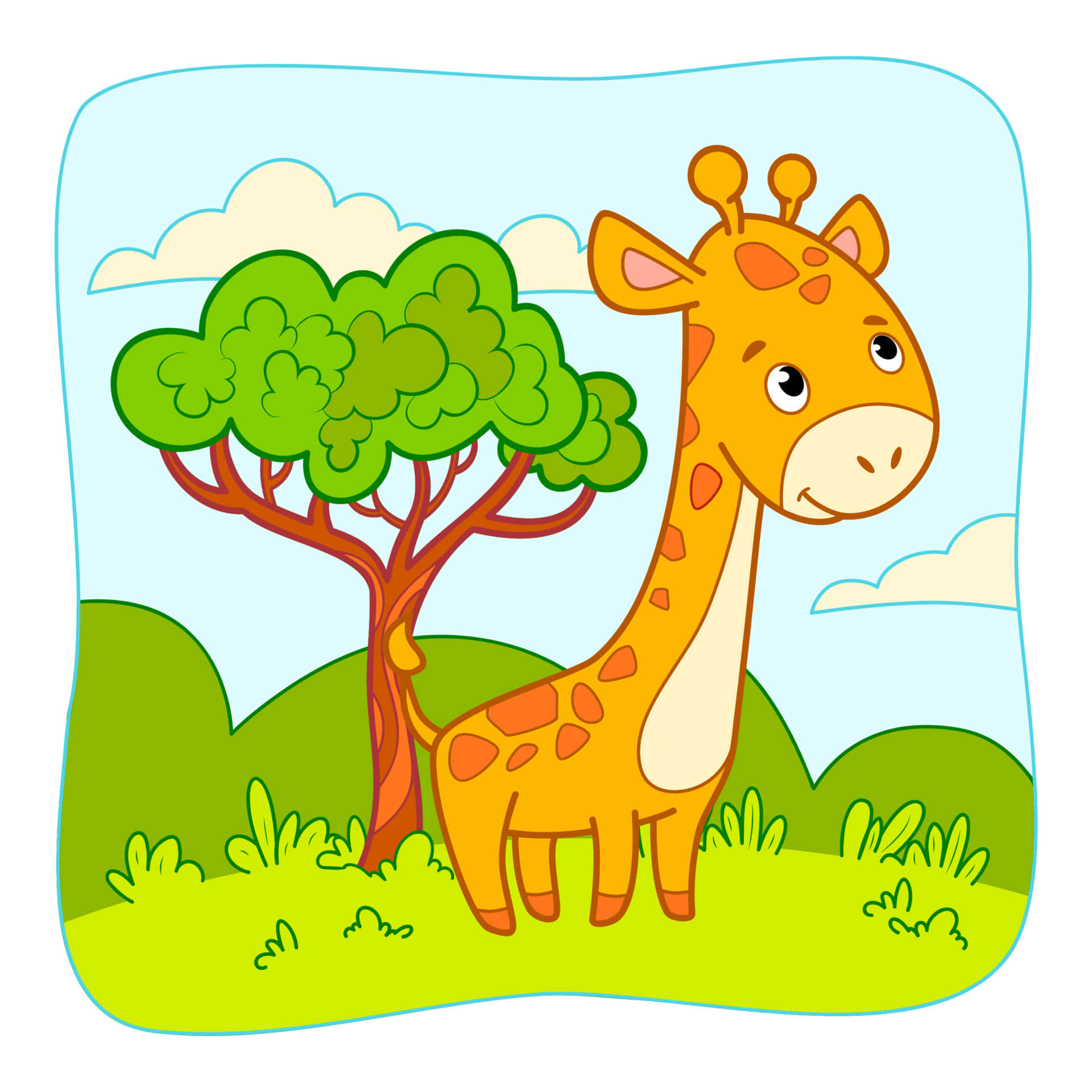 kawaii giraffe, cartoon giraffe, lush green tree, Full HD Desktop Wallpaper