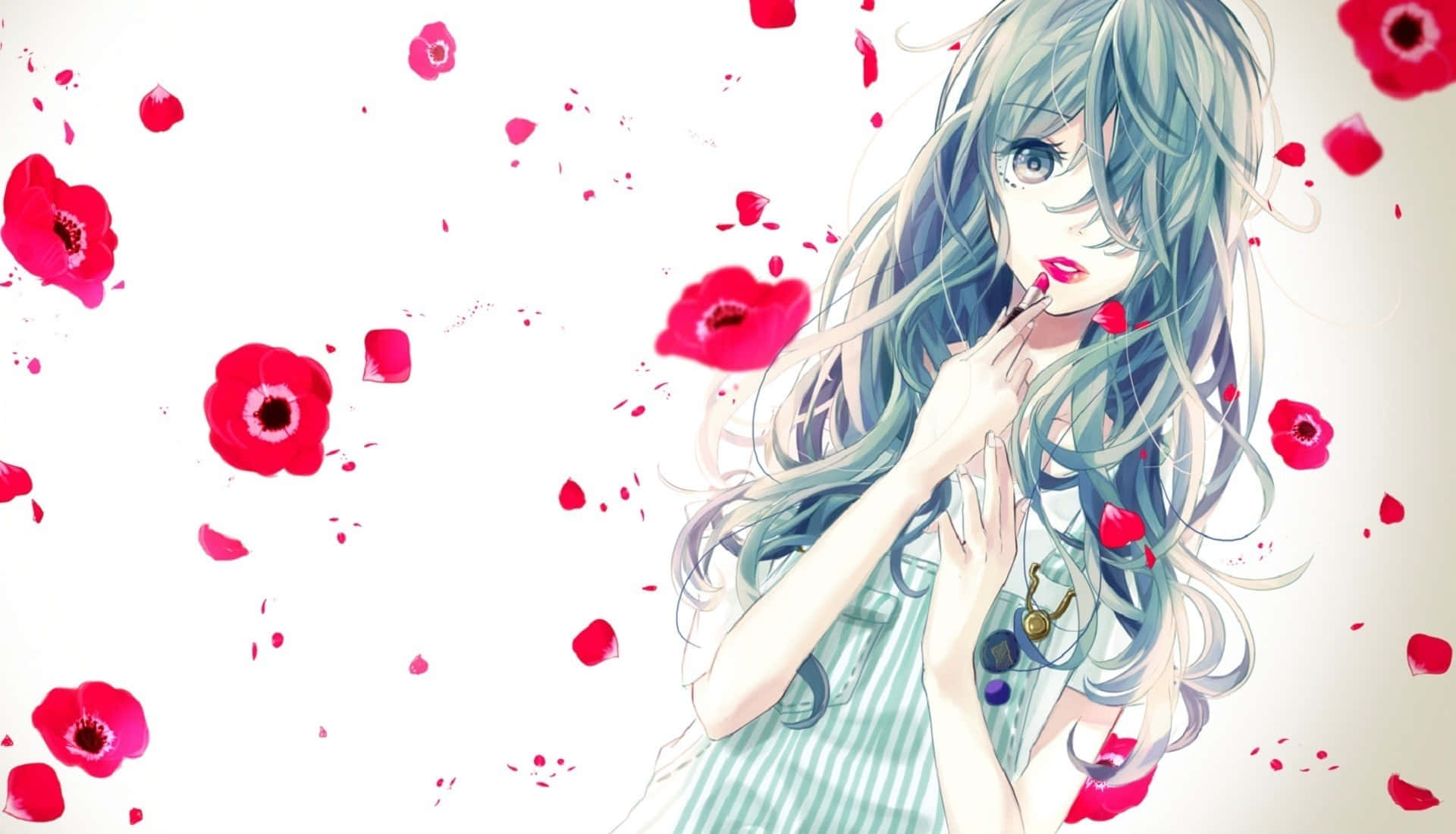 anime girl, teal hair, red poppies, Full HD Desktop Wallpaper