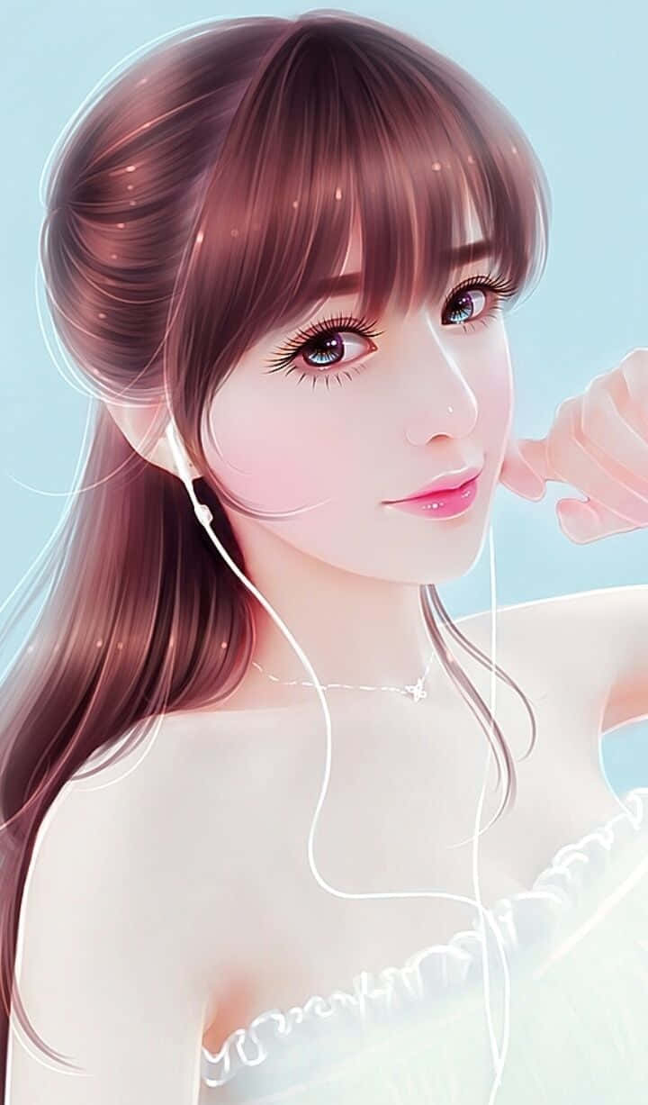 anime girl, long brown hair, blue eyes, SD Phone Wallpaper
