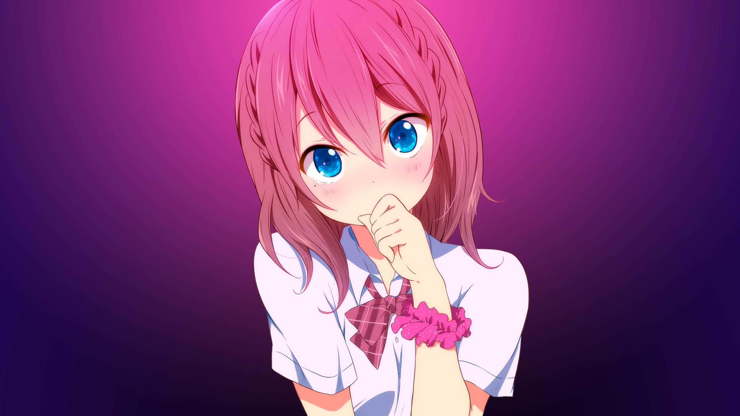 pink-haired anime girl, blue eyes, pretty pink outfit, Full HD Desktop Wallpaper