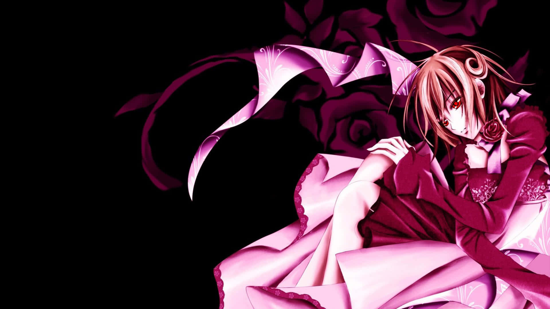 pink-haired anime girl, flowing magenta dress, dark roses, Full HD Desktop Wallpaper