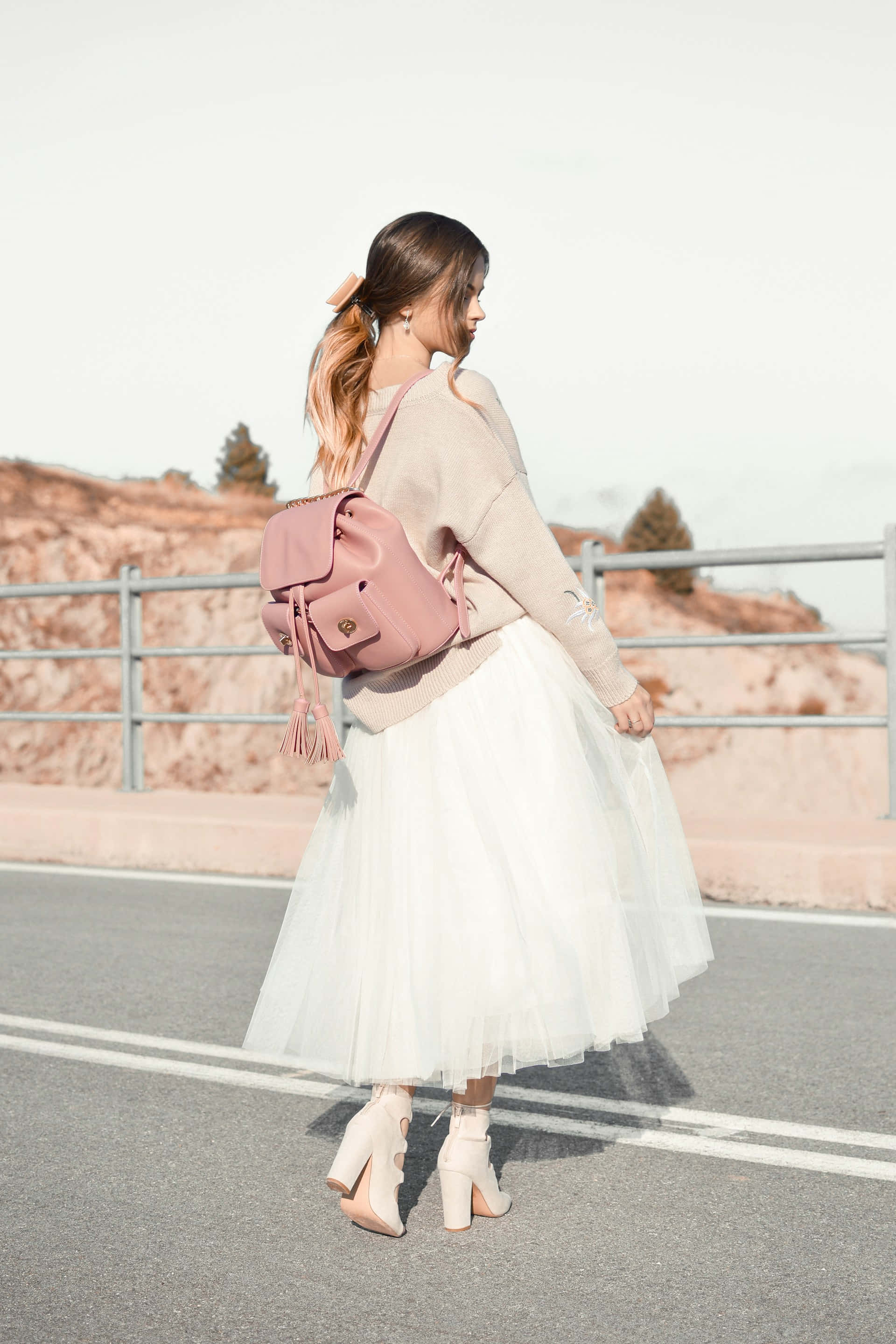 pastel chic, pink backpack with tassels, beige sweater, 2K Phone Wallpaper
