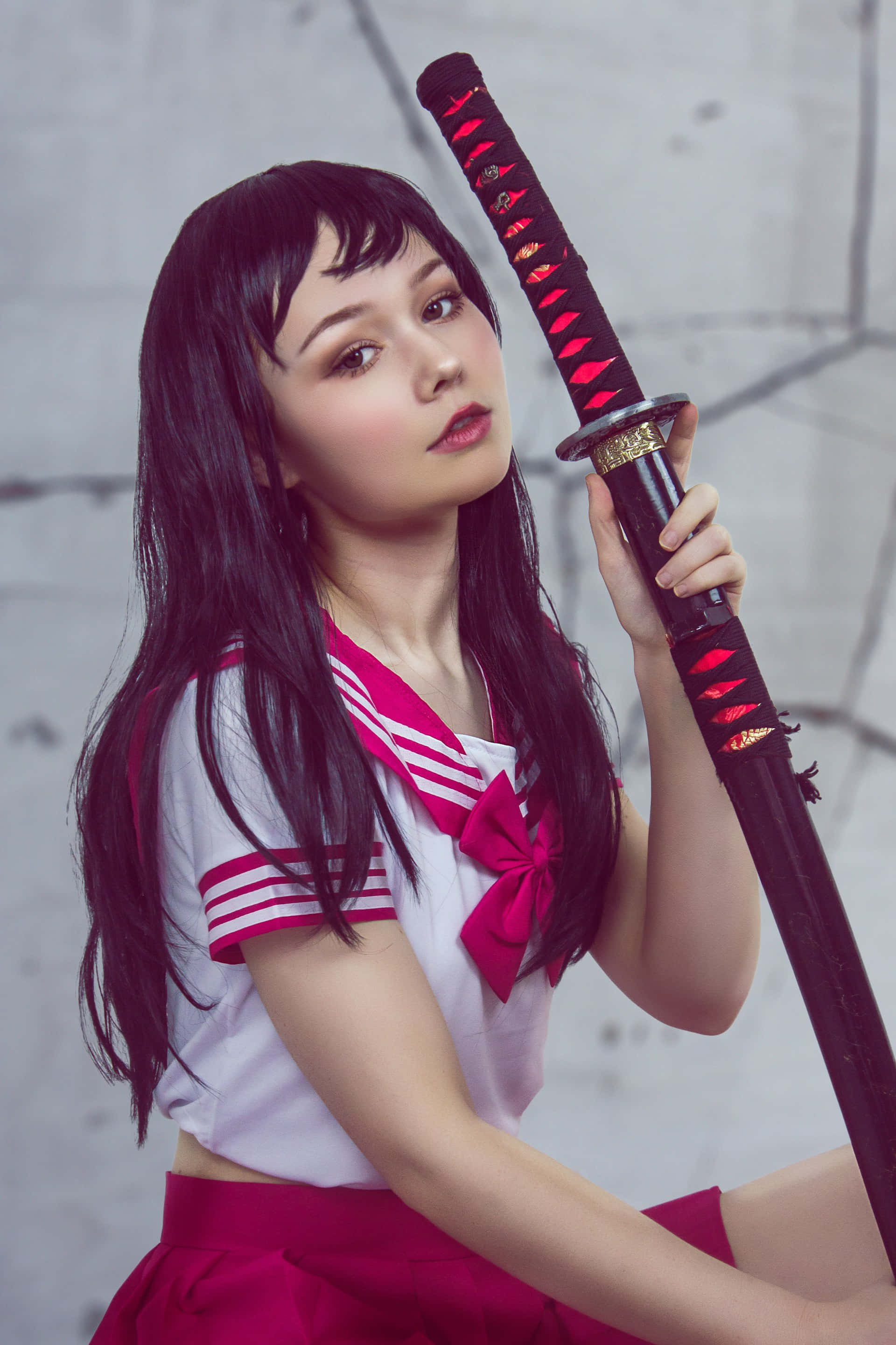 sailor uniform, red and white sailor uniform, katana, 2K Phone Wallpaper