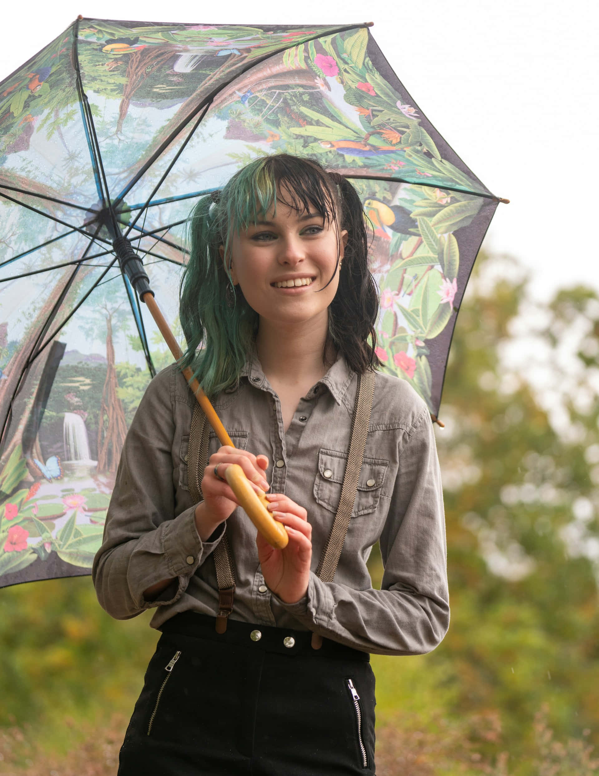 green hair, transparent umbrella, vibrant jungle scene, Full HD Phone Wallpaper