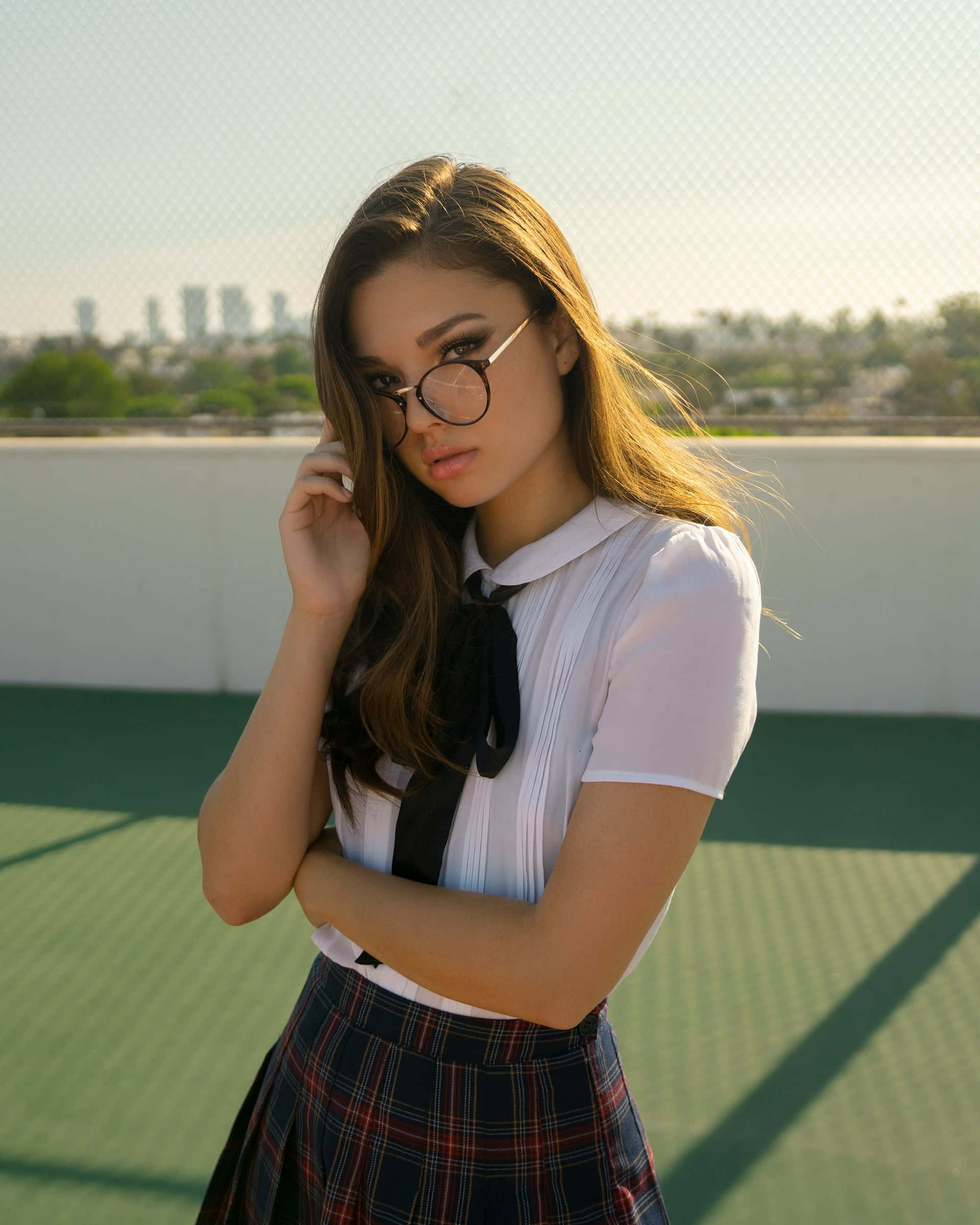white pleated shirt, plaid skirt, round glasses, Full HD Phone Wallpaper