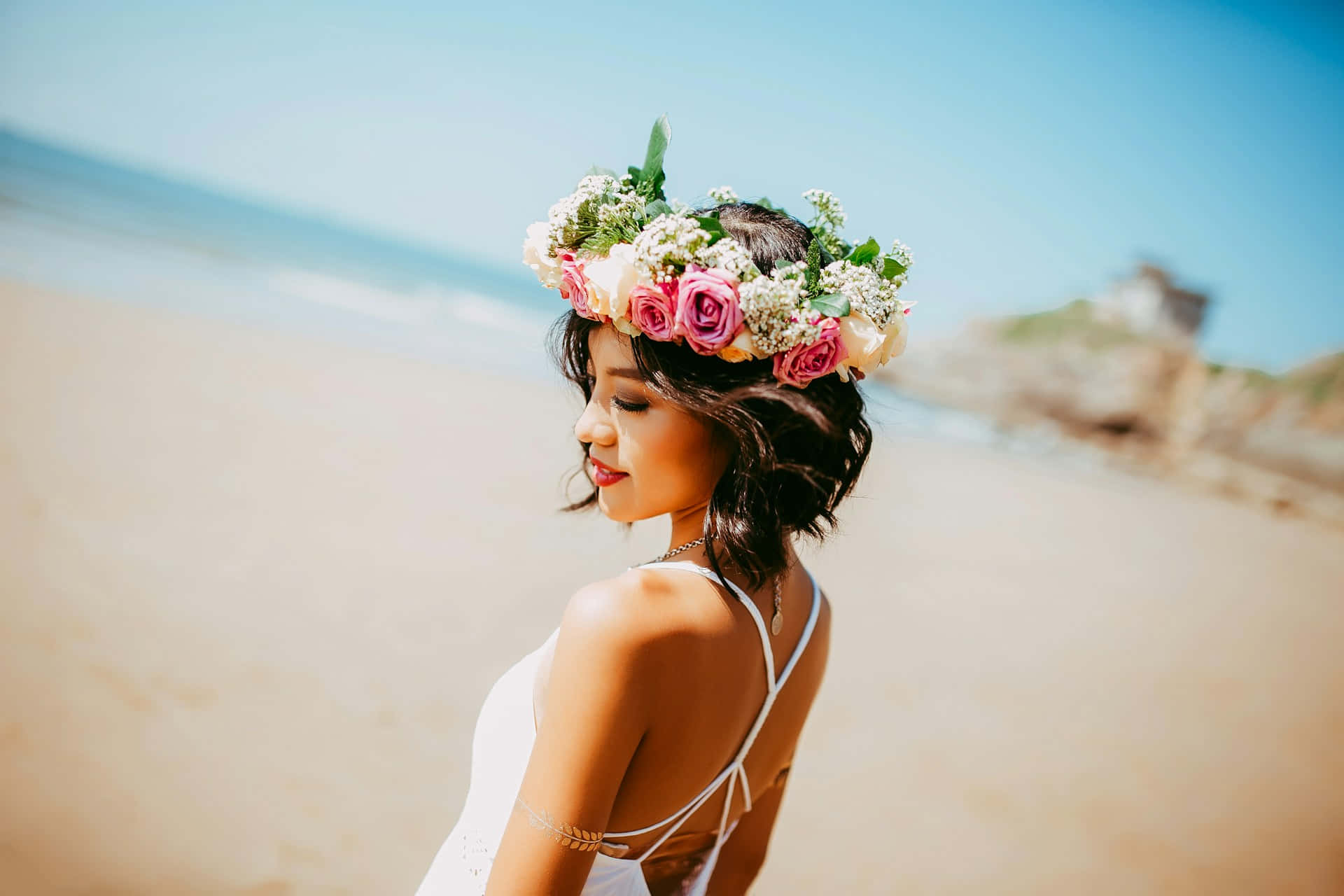 beachside, flower crown, white dress, Full HD Desktop Wallpaper