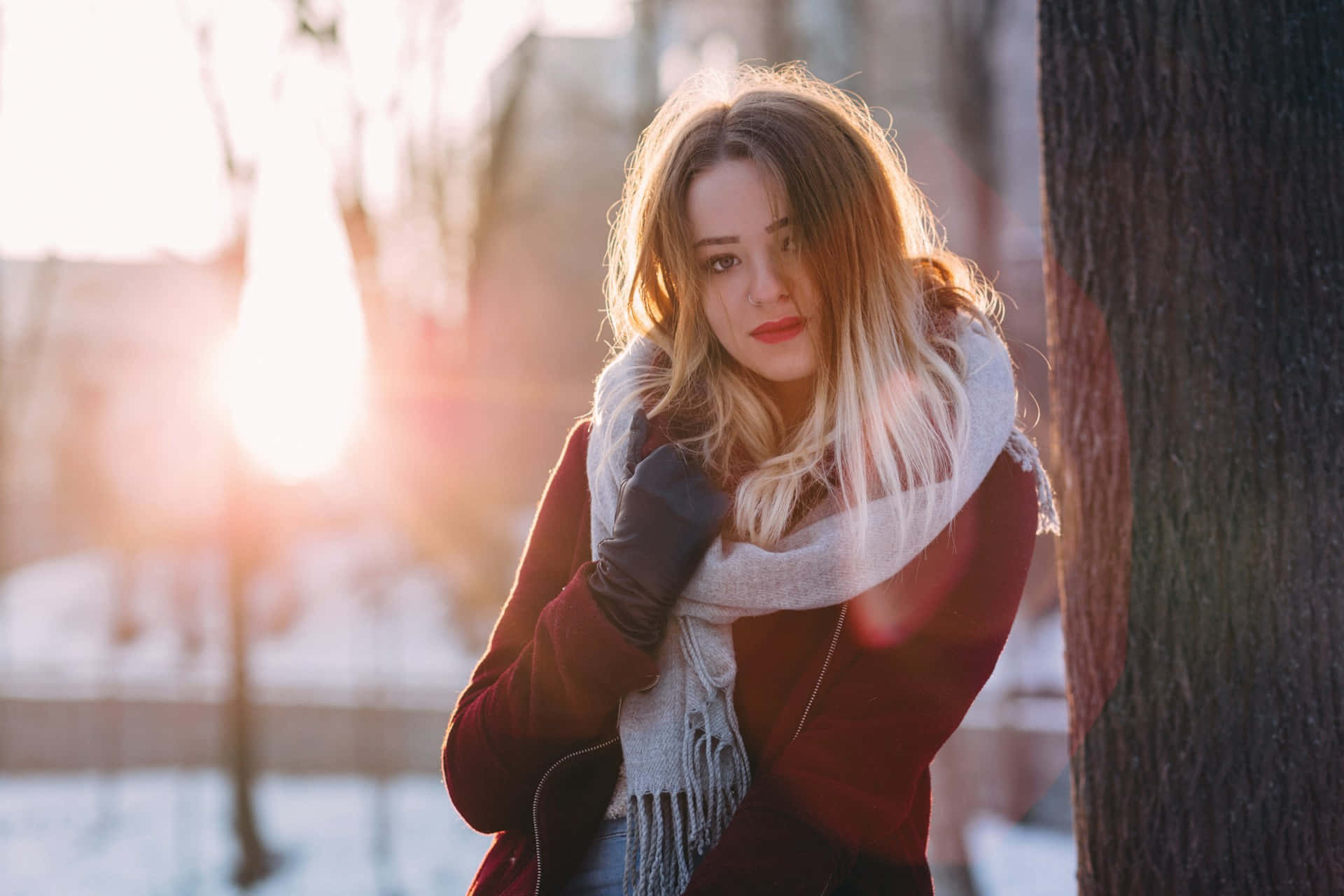 red coat, white scarf, snowy park, Full HD Desktop Wallpaper