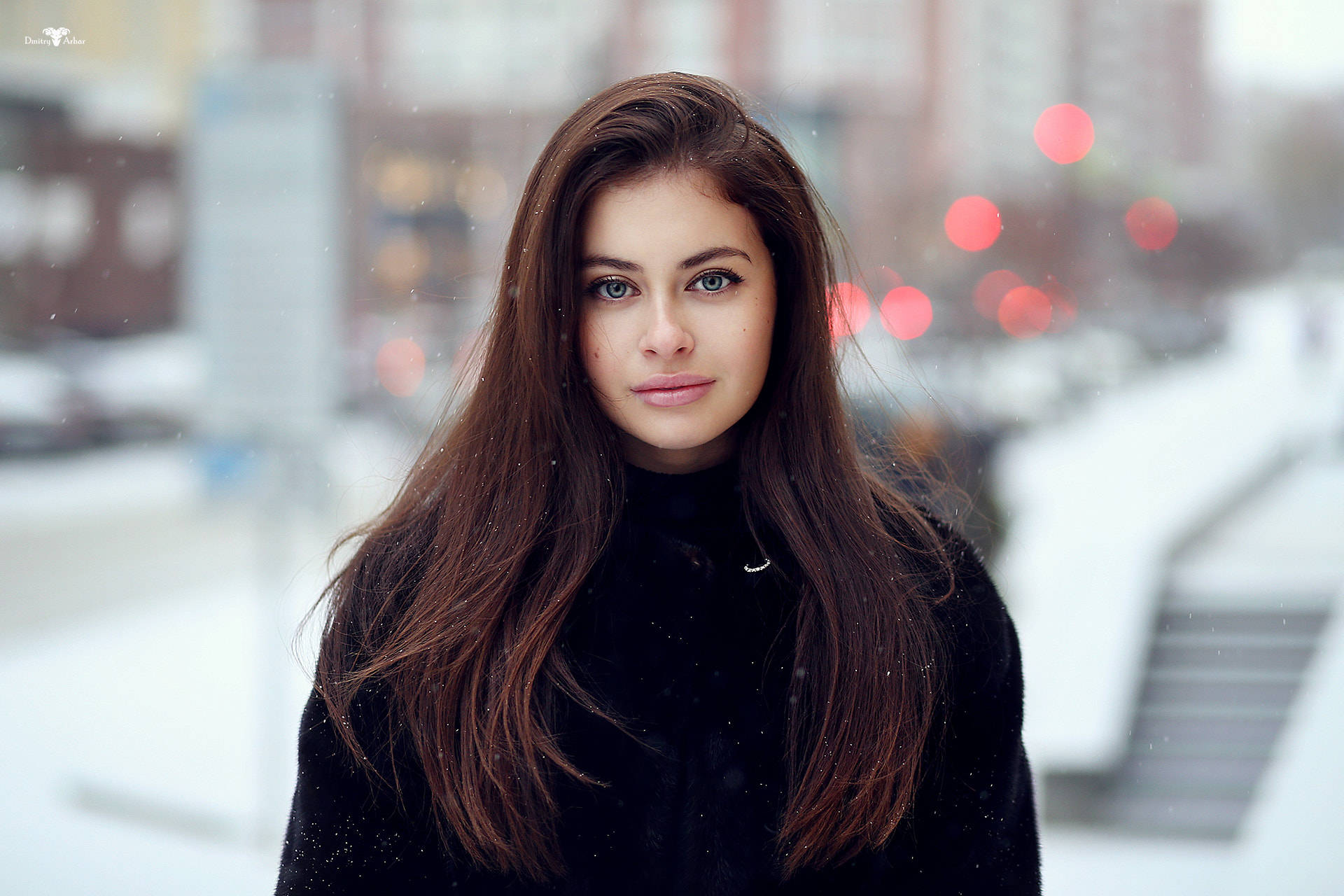 black sweater jacket, long brown hair, blue eyes, Full HD Desktop Wallpaper