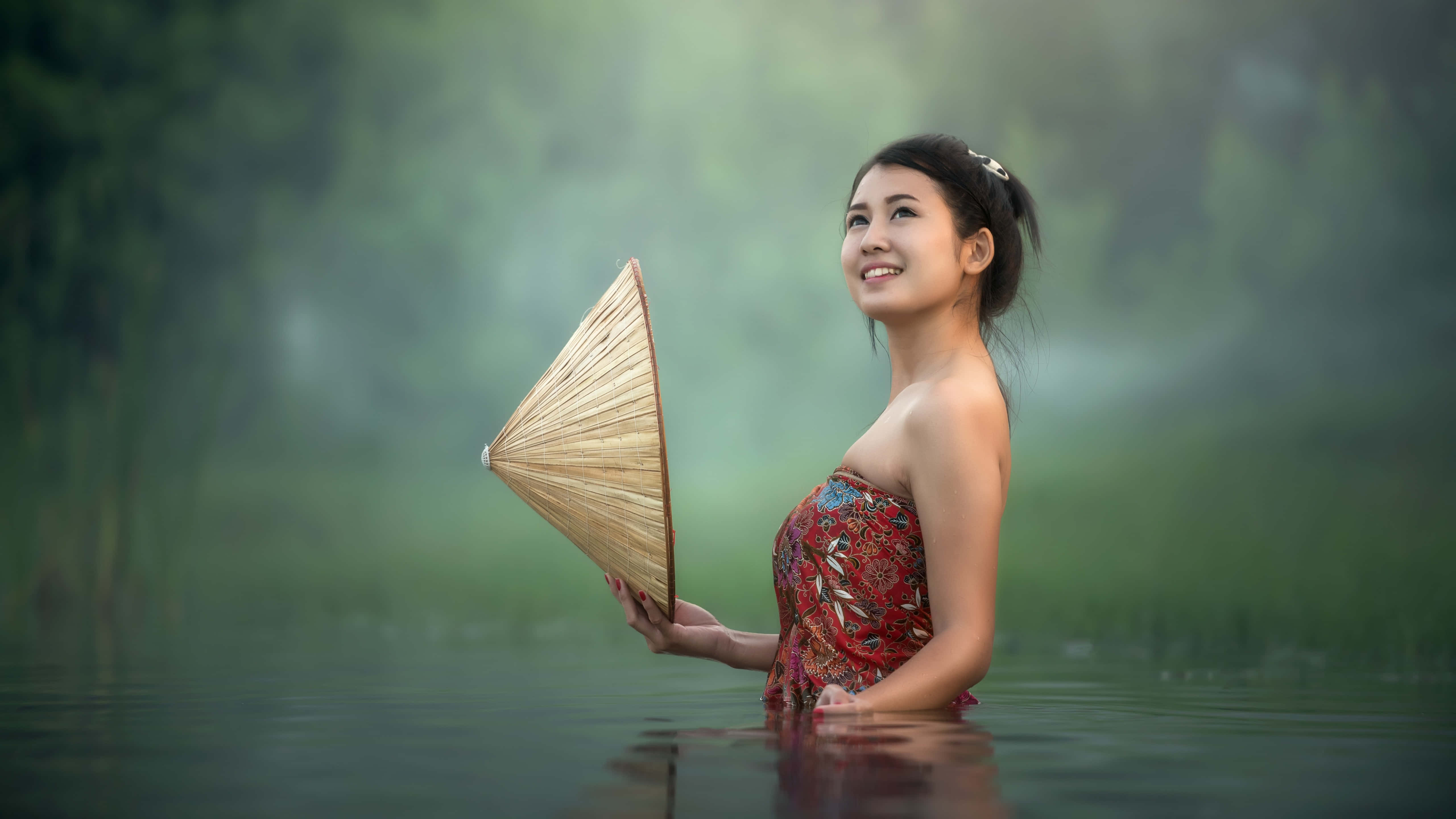 Thai Girl, rice hat, red patterned dress, 5K Desktop Wallpaper