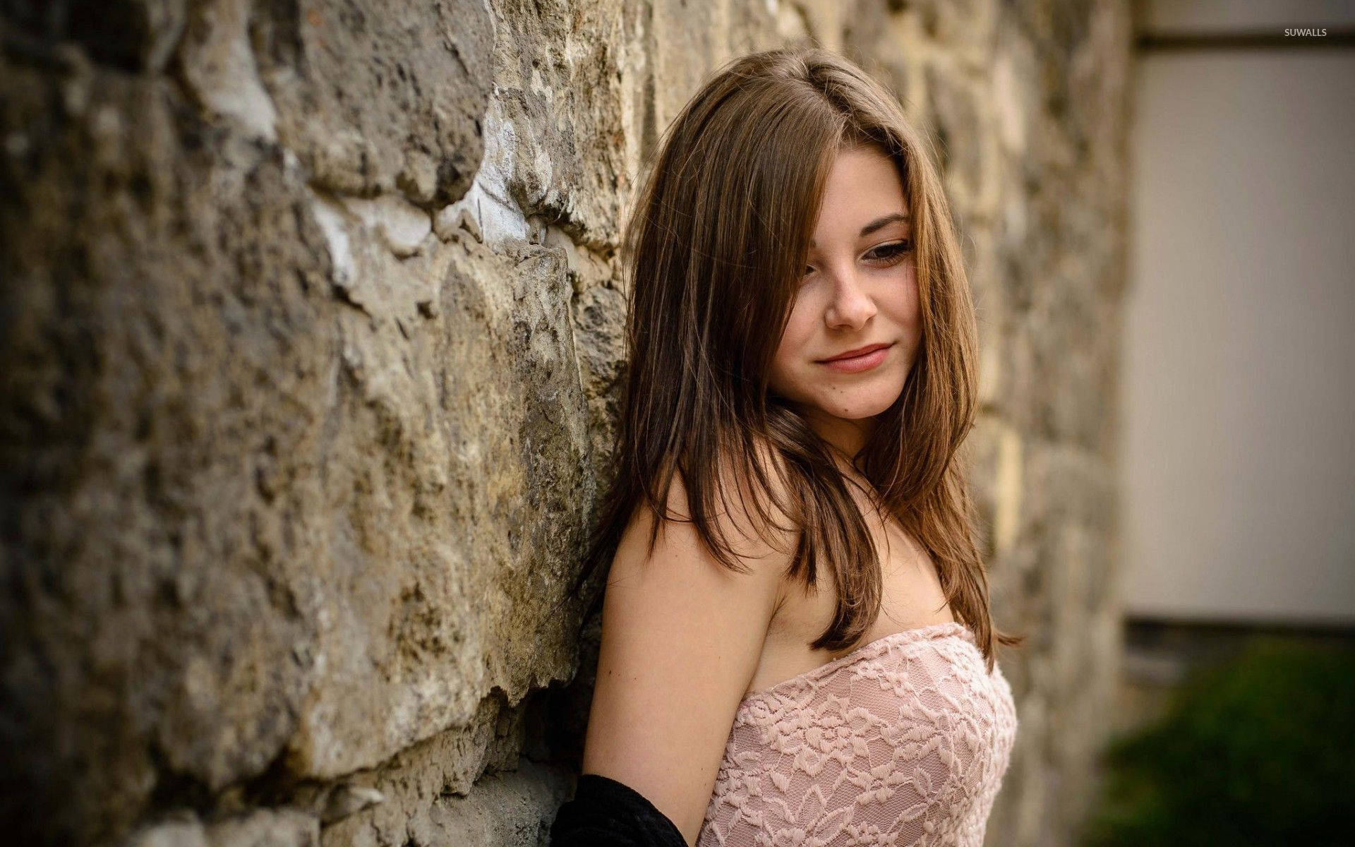 pink lace top, weathered stone wall, young woman, Full HD Desktop Wallpaper