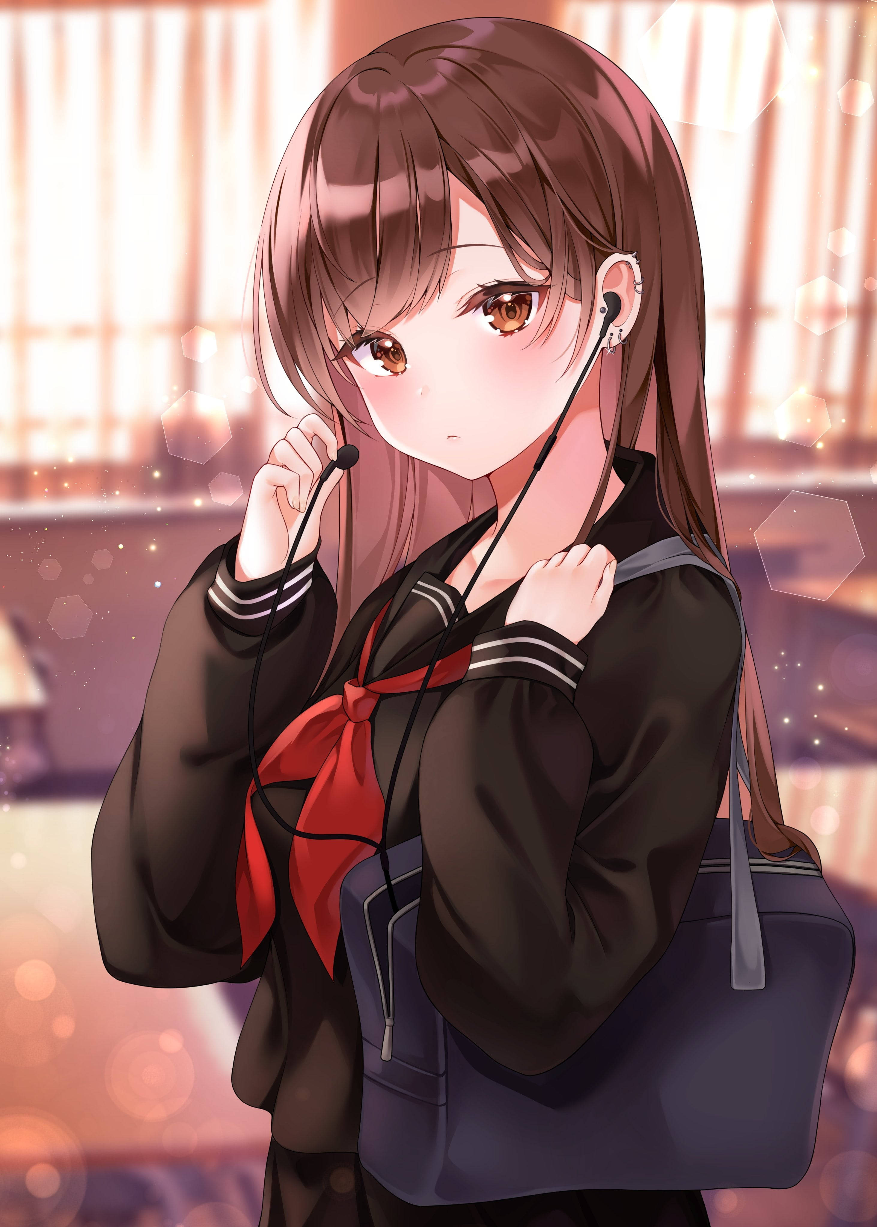 cute anime girl, school uniform, red bow, 4K Phone Wallpaper