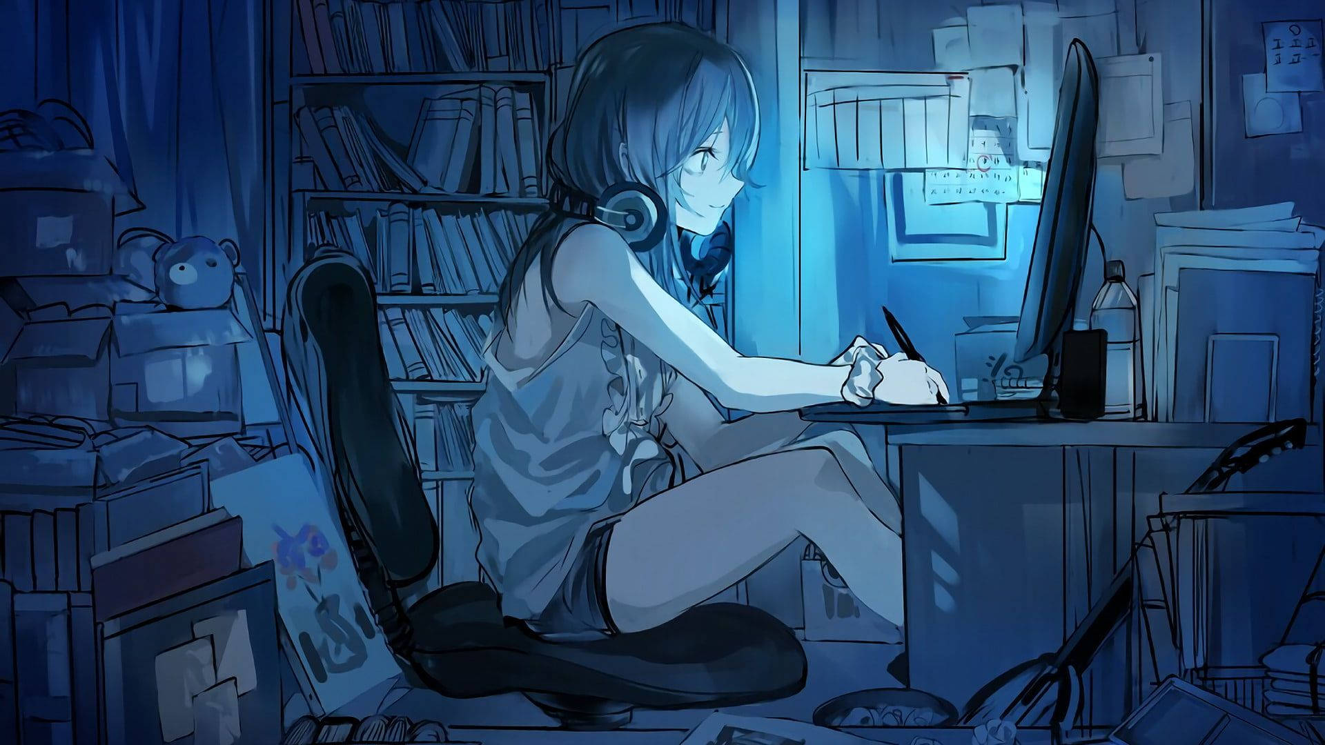 anime girl, headphones, cluttered desk, Full HD Desktop Wallpaper