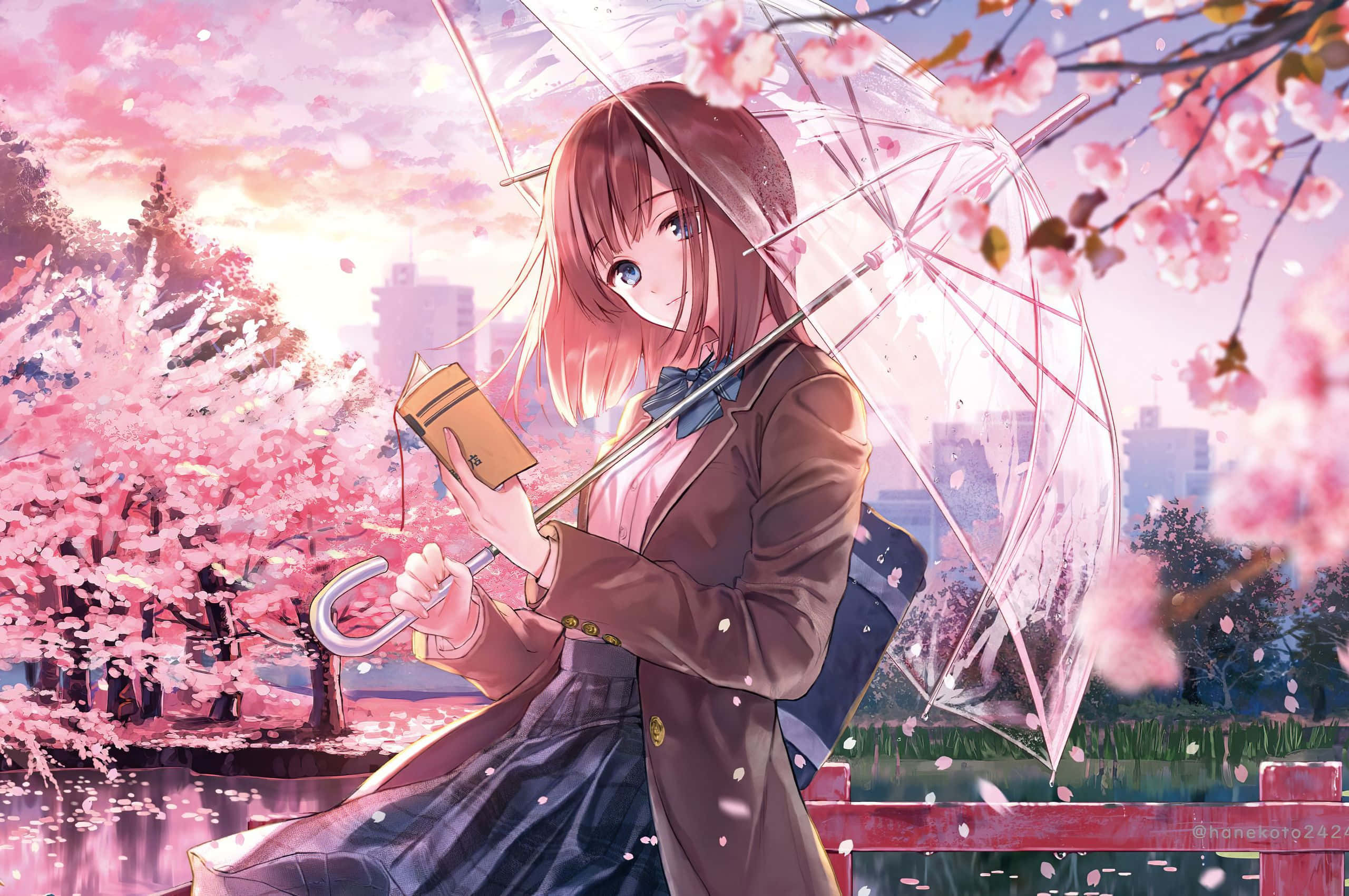 cute kawaii anime girl, pink hair, clear umbrella, 2K Desktop Wallpaper