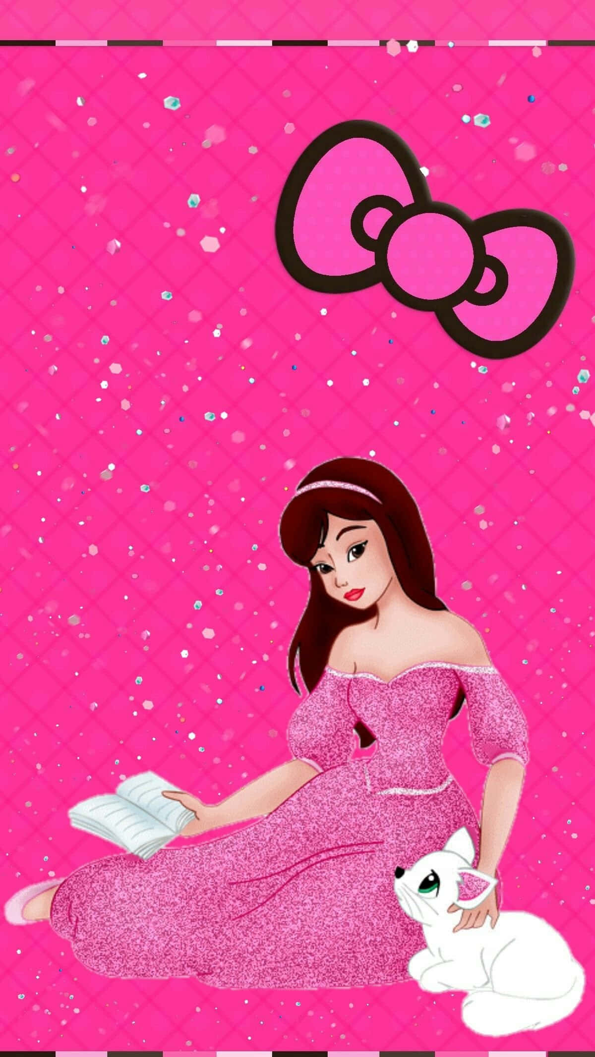 pink glitter dress, white cat, sparkling pink background, Full HD Phone Wallpaper