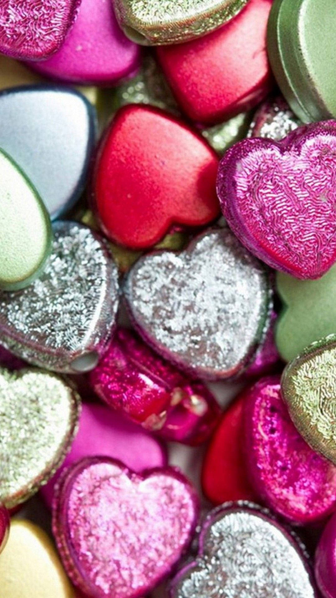 pink hearts, shiny heart-shaped candies, vibrant pink red, Full HD Phone Wallpaper