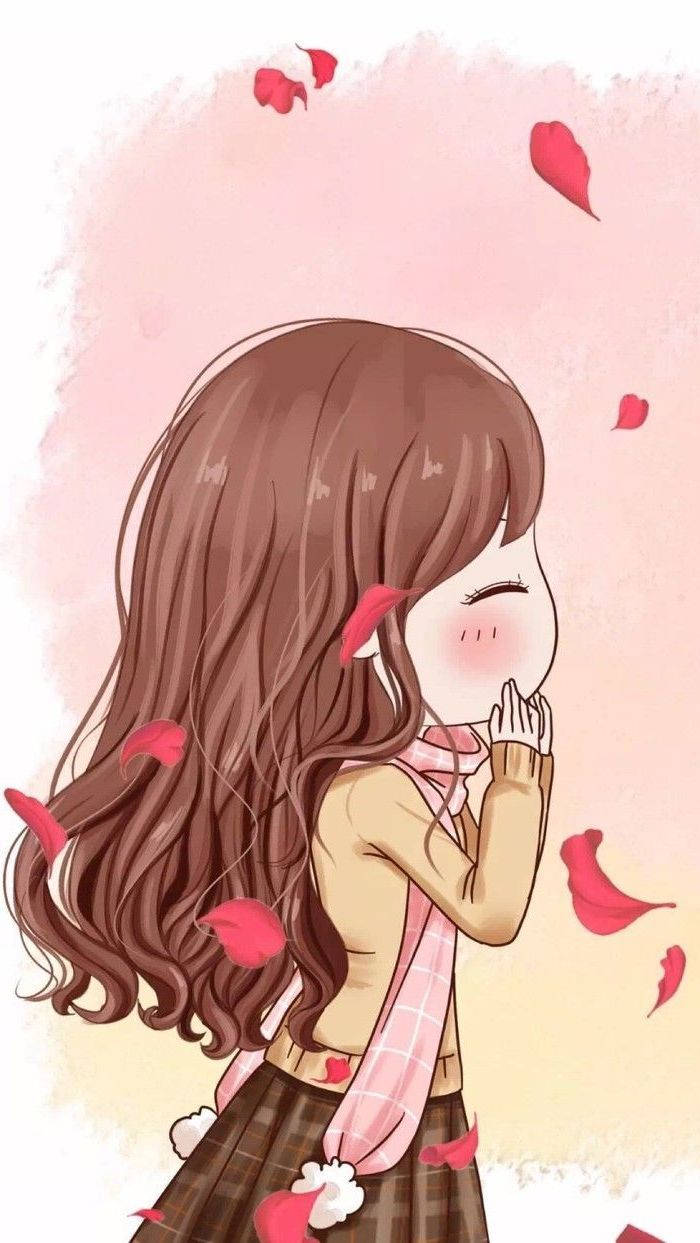 cute anime girl, long brown hair, red petals, SD Phone Wallpaper