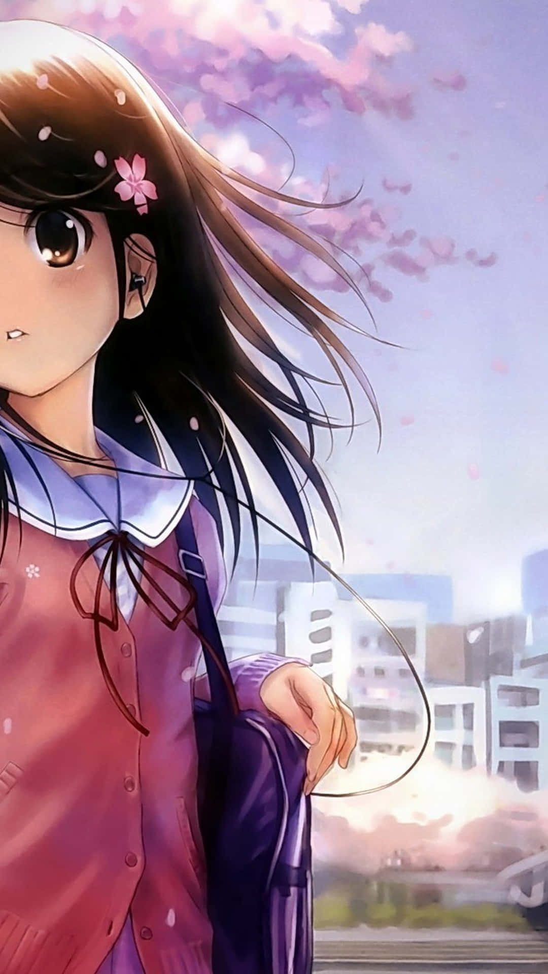 anime girl, long dark hair, pink flower, Full HD Phone Wallpaper