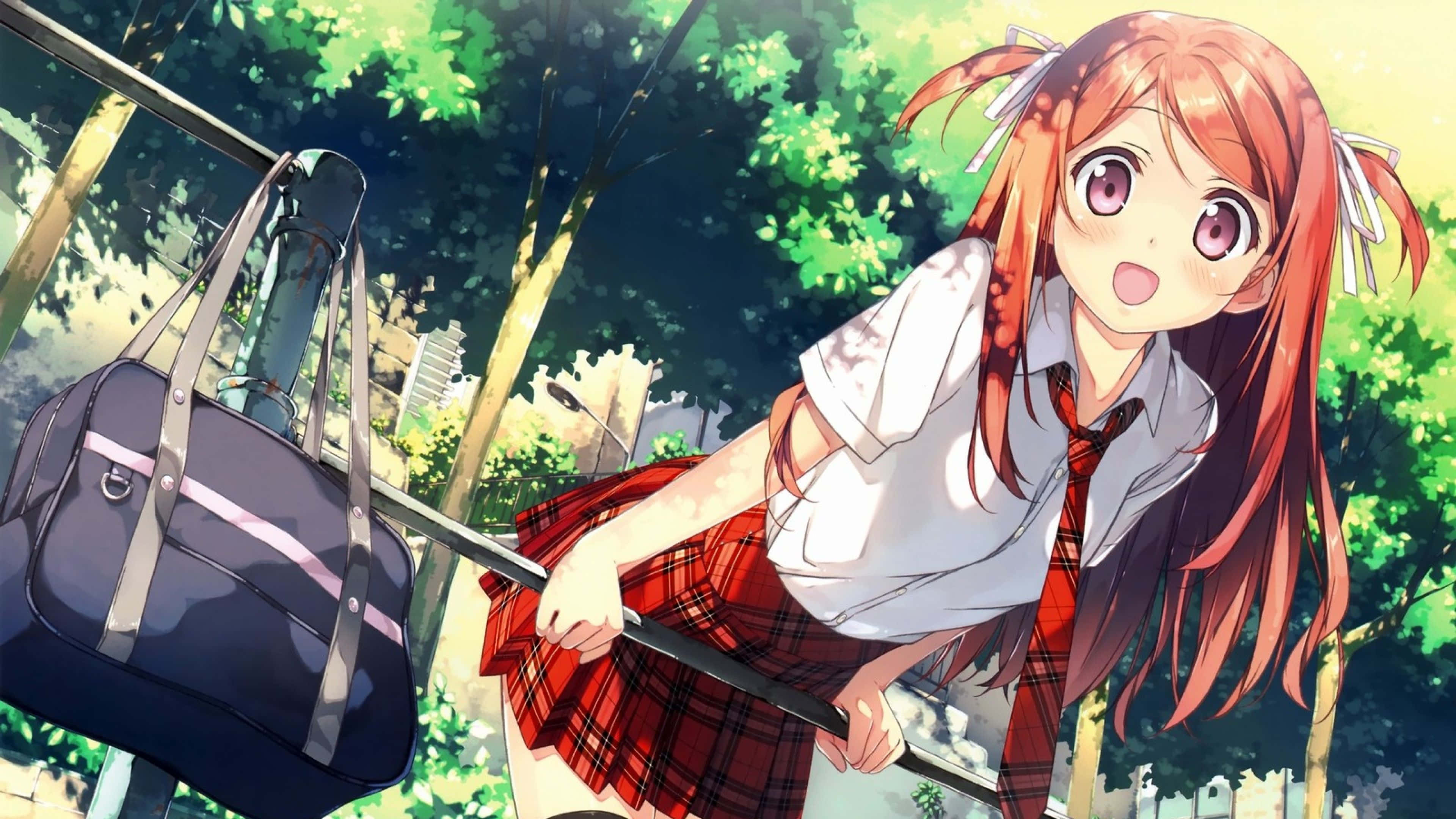 Girly Cute Anime School Girl, orange hair, school uniform, 4K Desktop Wallpaper