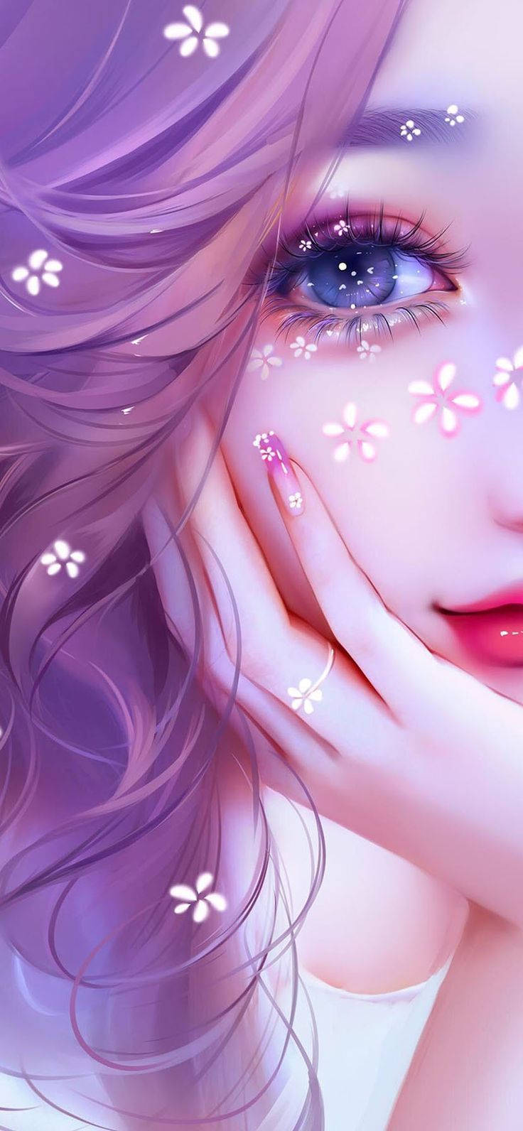 purple hair, blue eyes, glowing white flowers, HD Phone Wallpaper