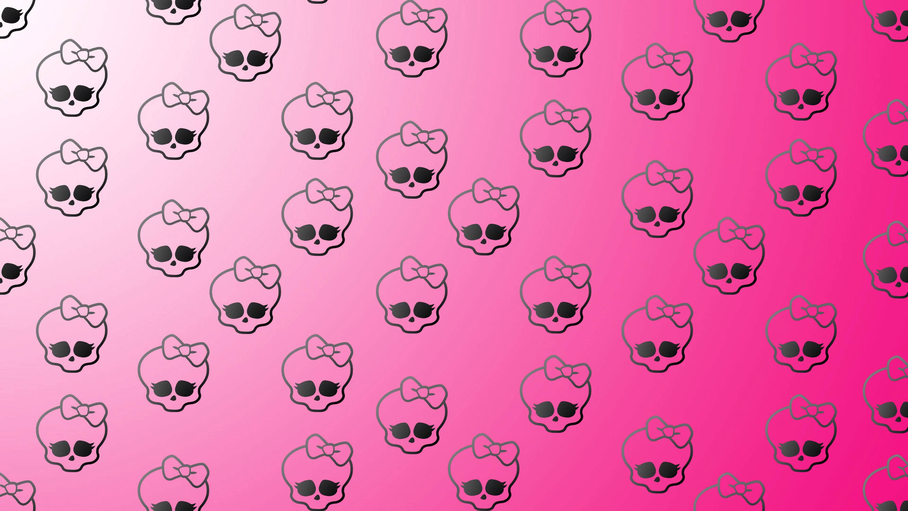 pink skull, pink gradient, repeating cute skull icons, 4K Desktop Wallpaper