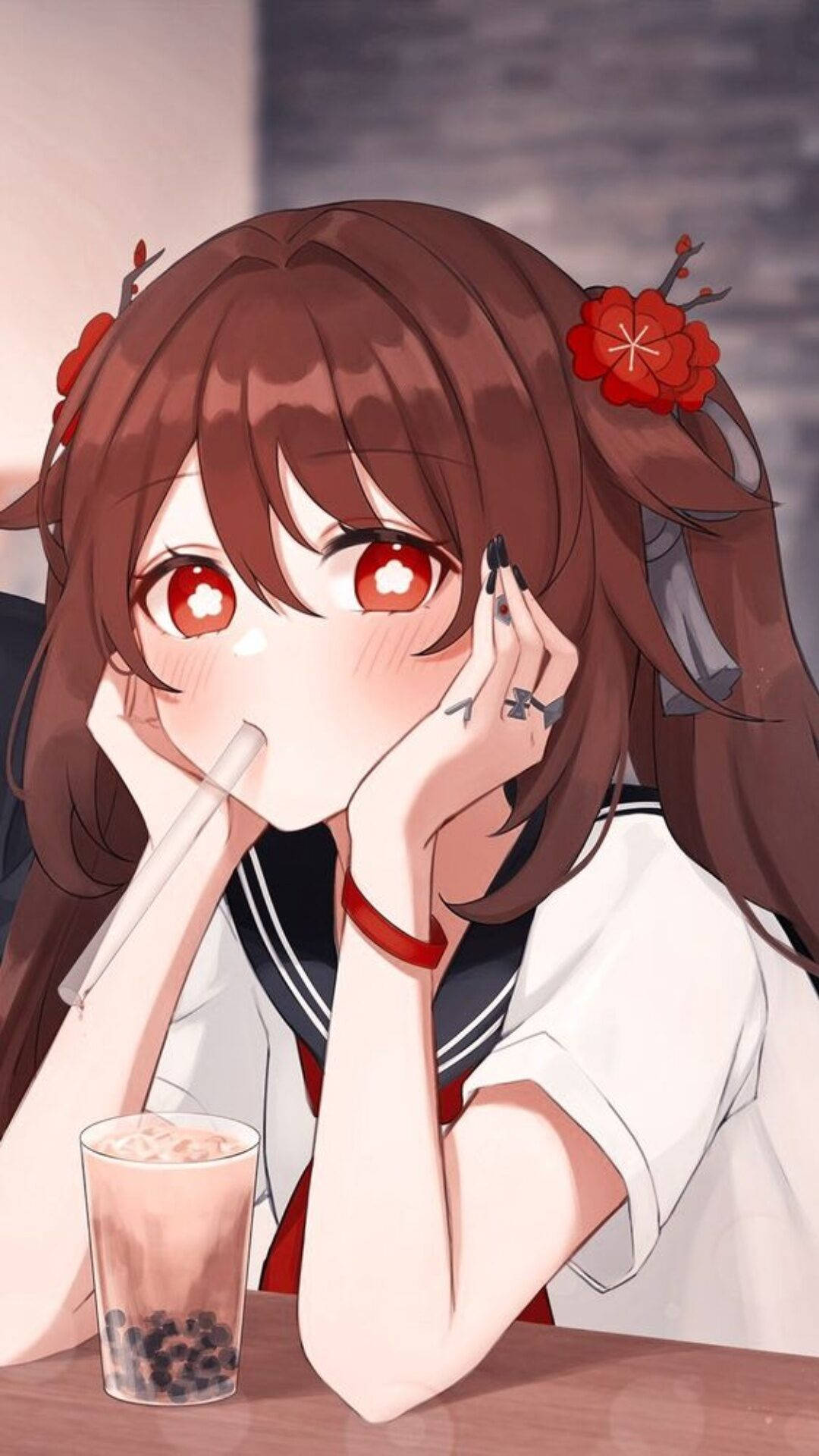 anime girl, red eyes, brown hair, Full HD Phone Wallpaper