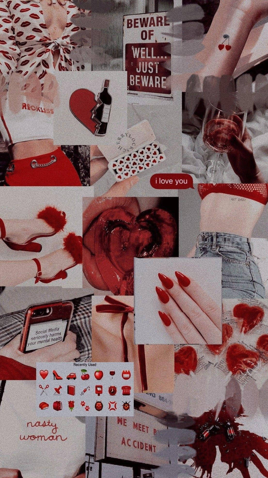 pastel red aesthetic, hearts tattoos, wine lips, Full HD Phone Wallpaper