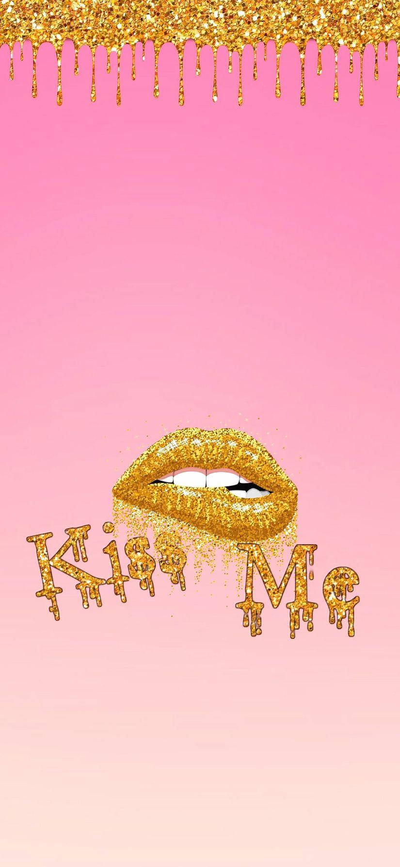 Kiss Me Cute Girly Phone, golden glitter lips, dripping text, HD Phone Wallpaper