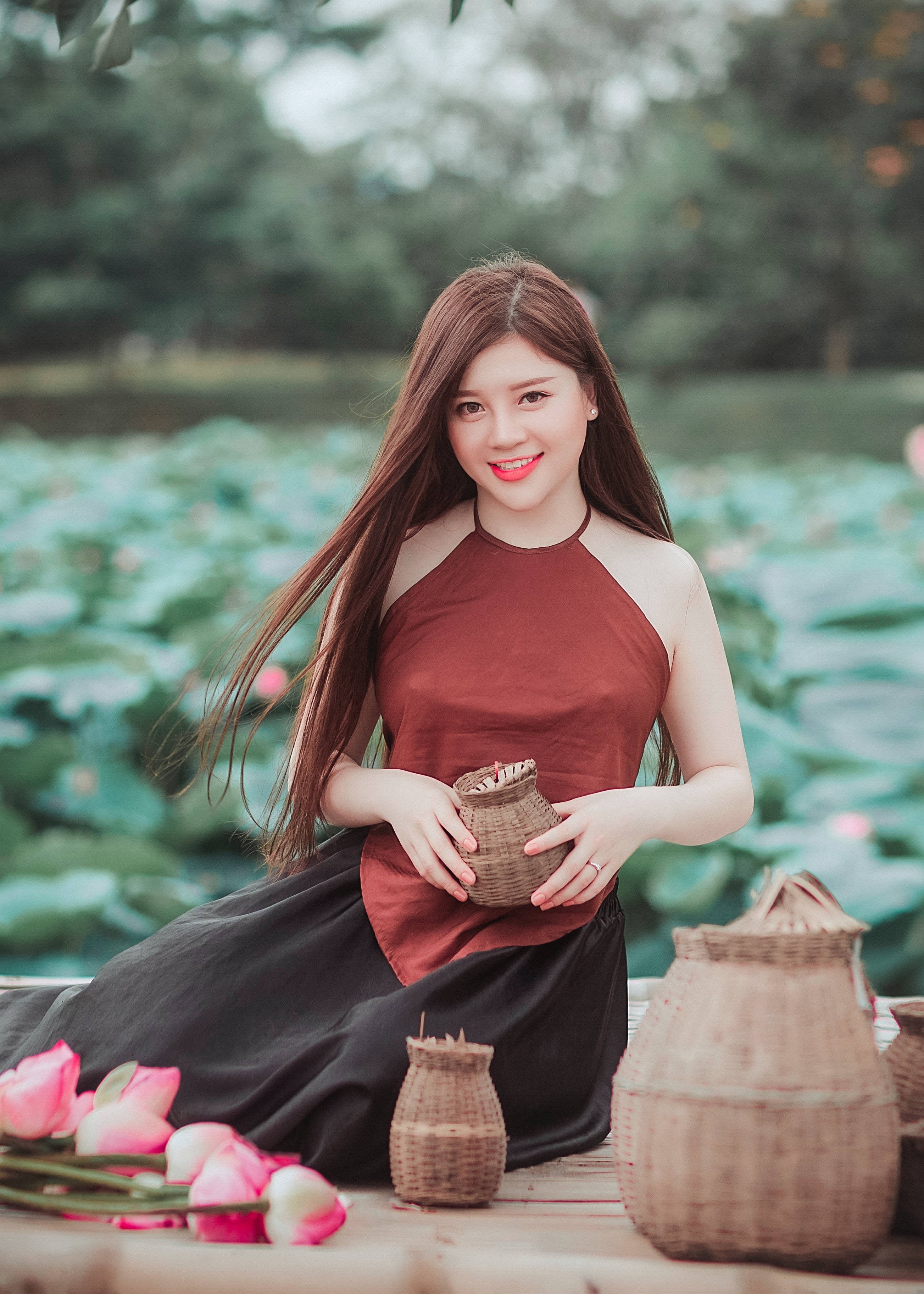 cute woman, red top, lotus pond, 2K Phone Wallpaper
