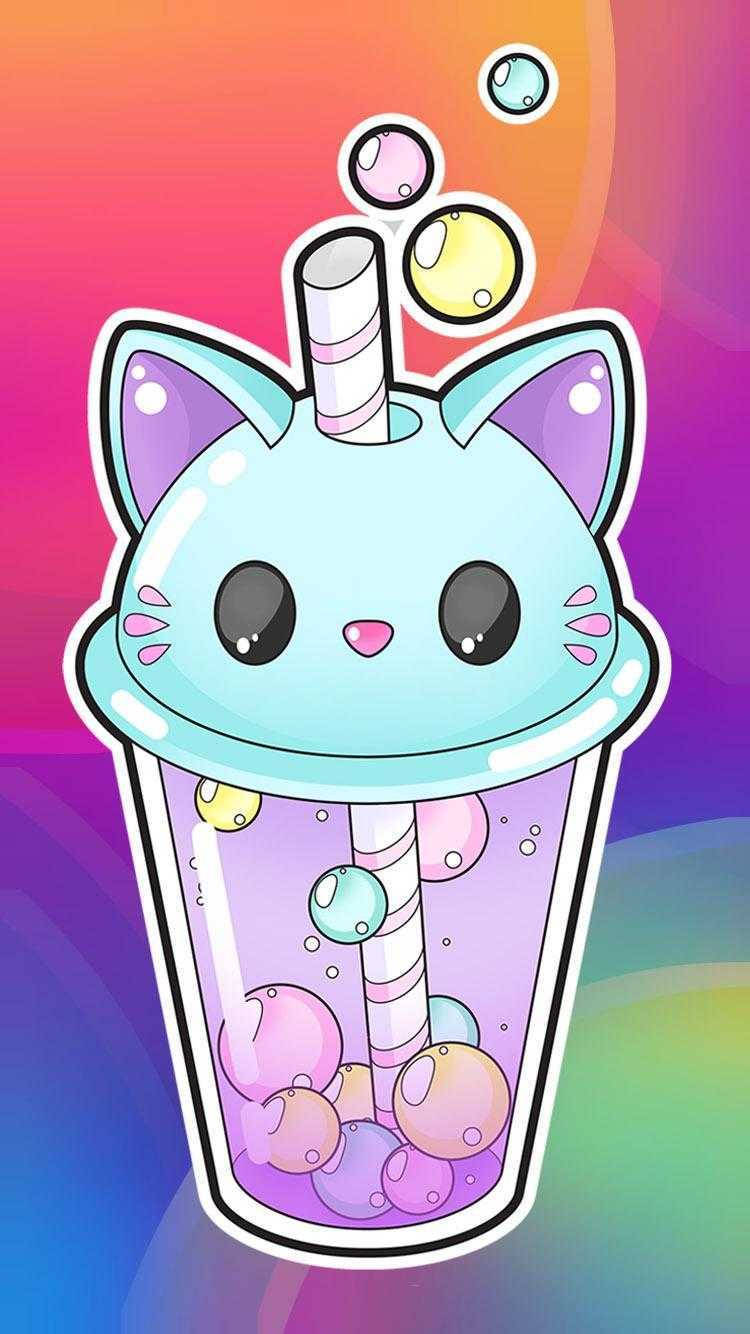 kawaii cartoon cat-shaped bubble tea cup, colorful boba pearls, striped straw, HD Phone Wallpaper