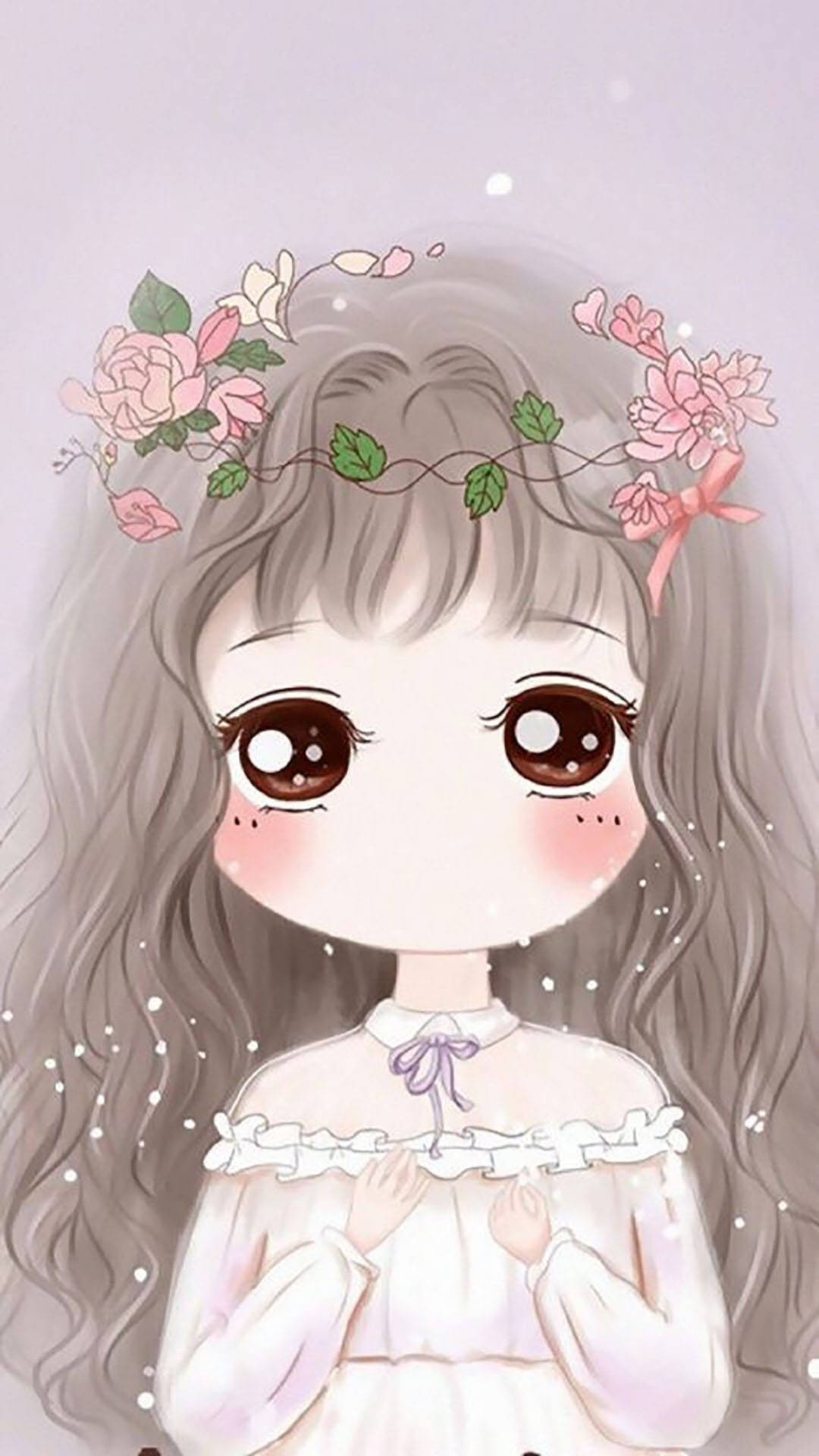 kawaii cute girly flower crown, anime girl, long gray hair, Full HD Phone Wallpaper