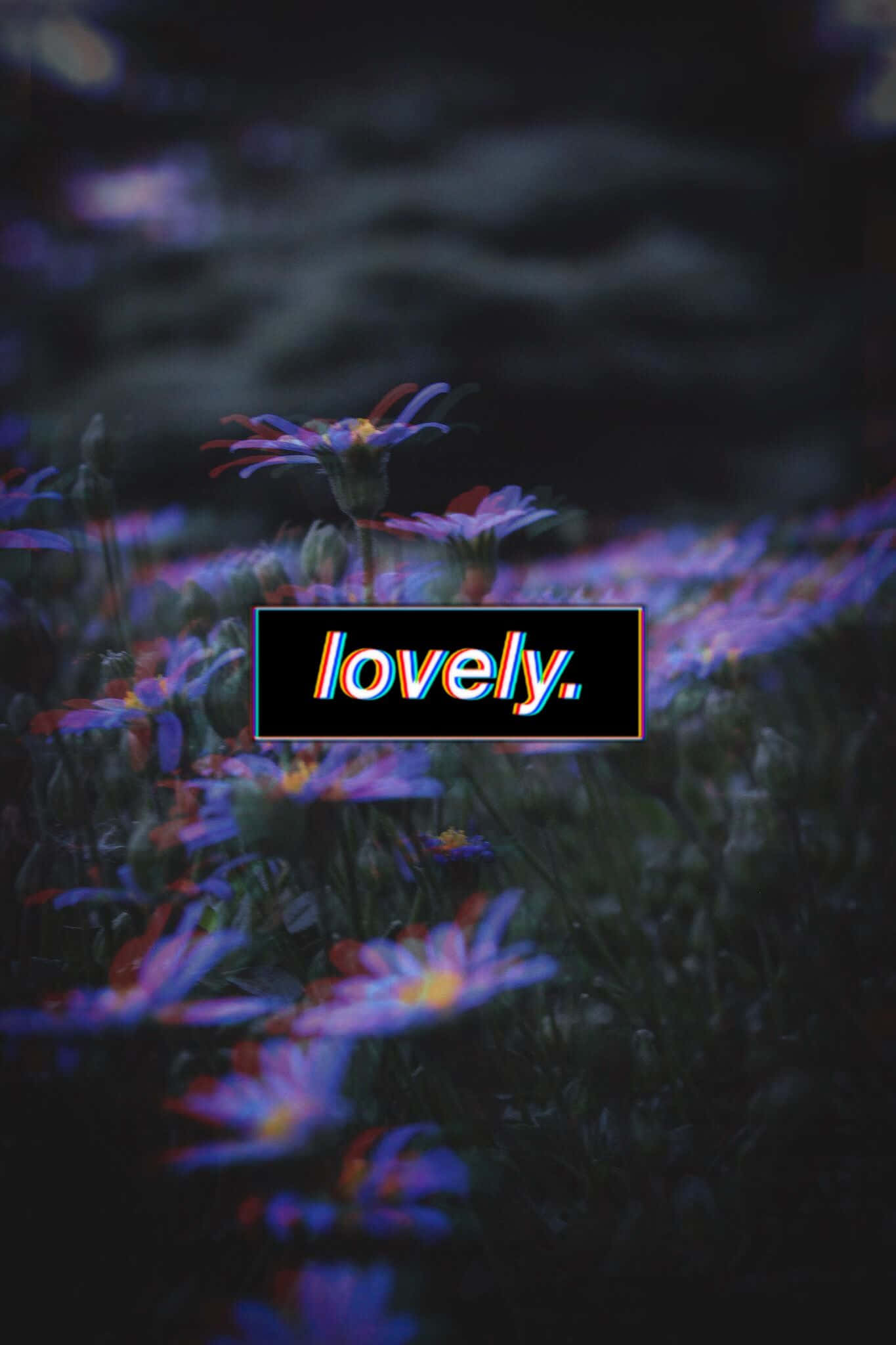 vibrant purple and blue daisies, dark field, glitchy 'lovely.' text overlay, Full HD Phone Wallpaper