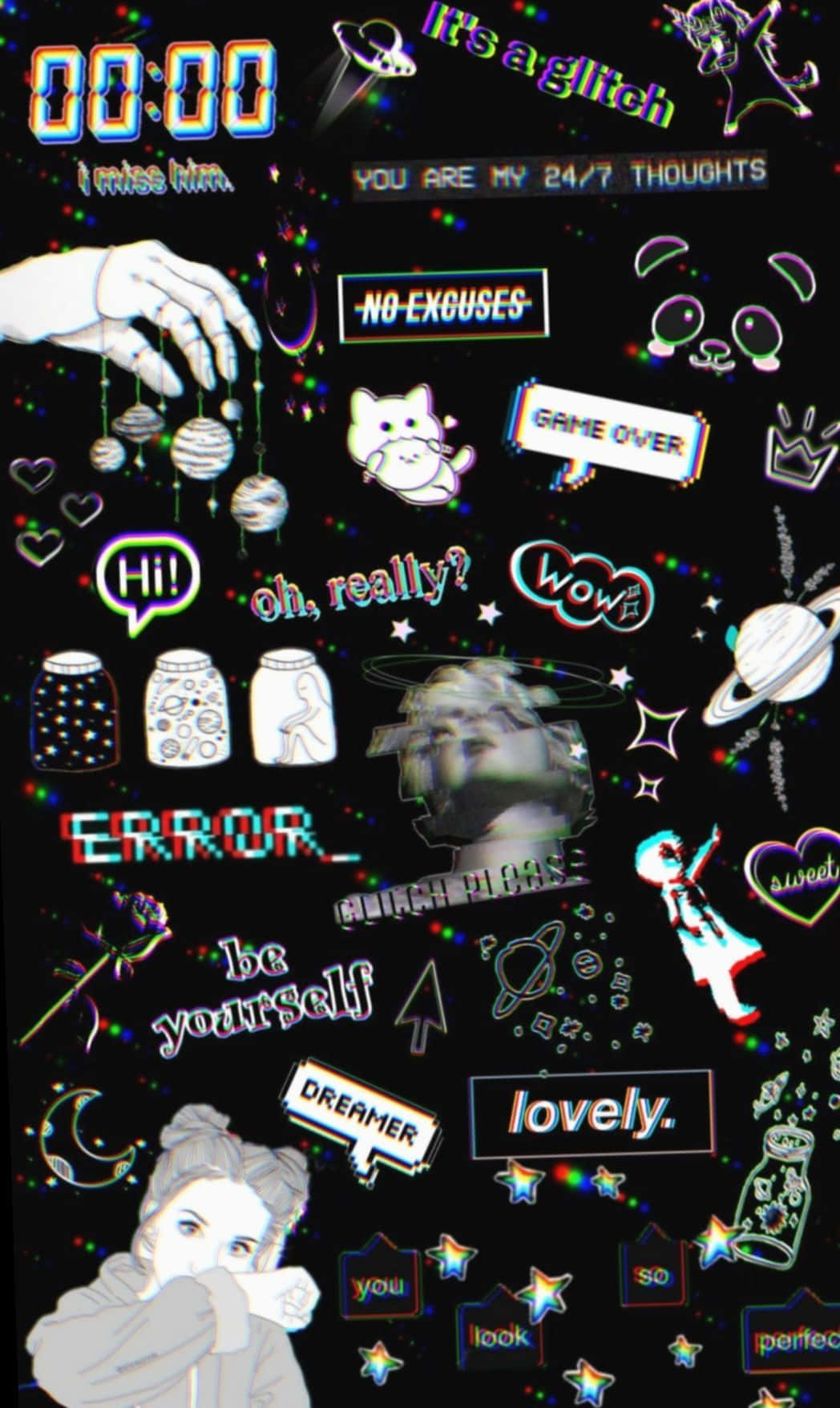 glitch art, neon text emojis, distorted digital elements, HD Phone Wallpaper