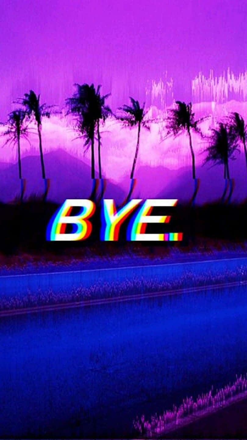 vibrant purple and blue sunset, palm trees, glitchy rainbow text, HD Phone Wallpaper
