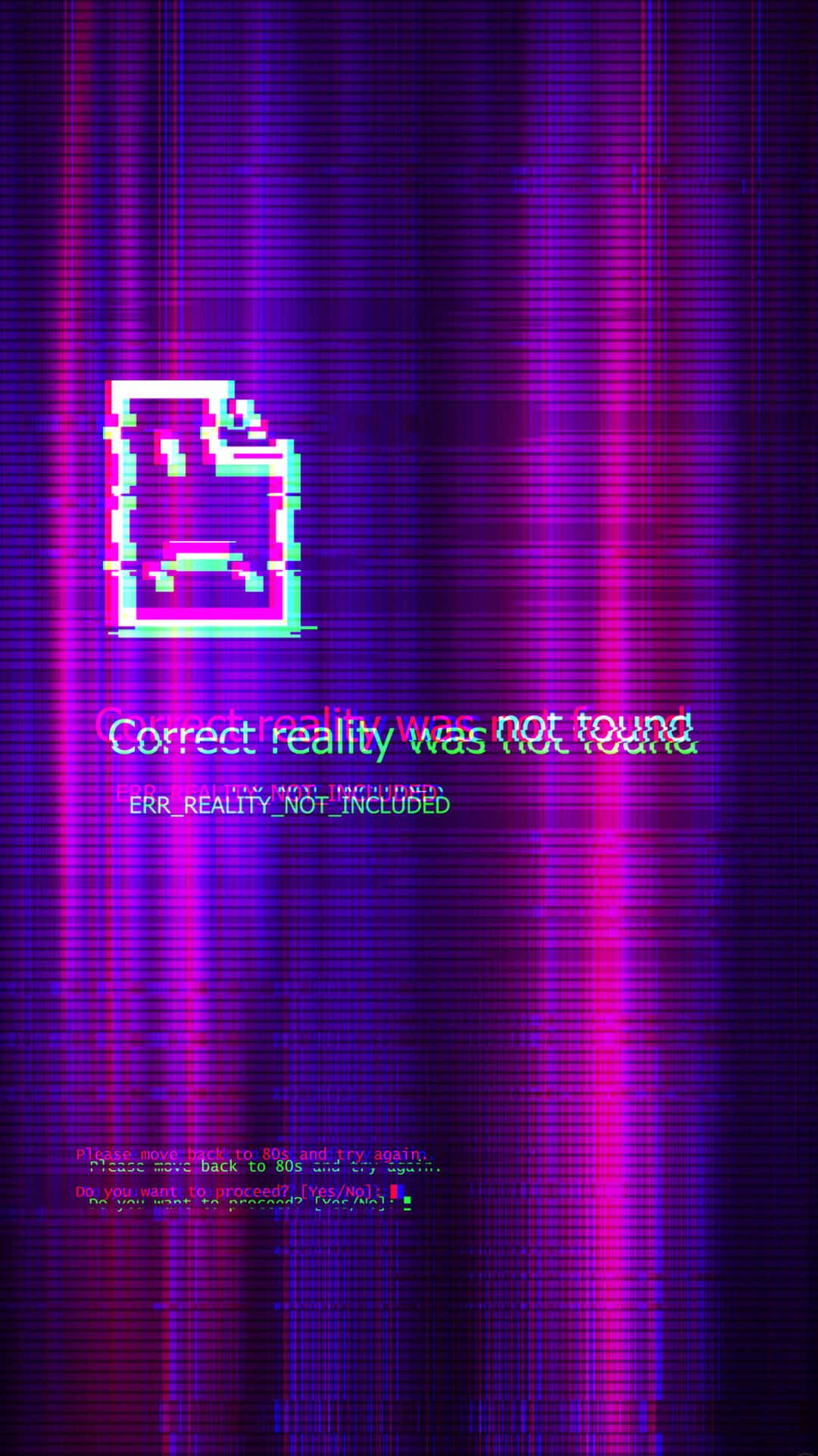 glitchy digital error screen, pixelated file icon, vibrant purple and pink vertical scanline background, Full HD Phone Wallpaper