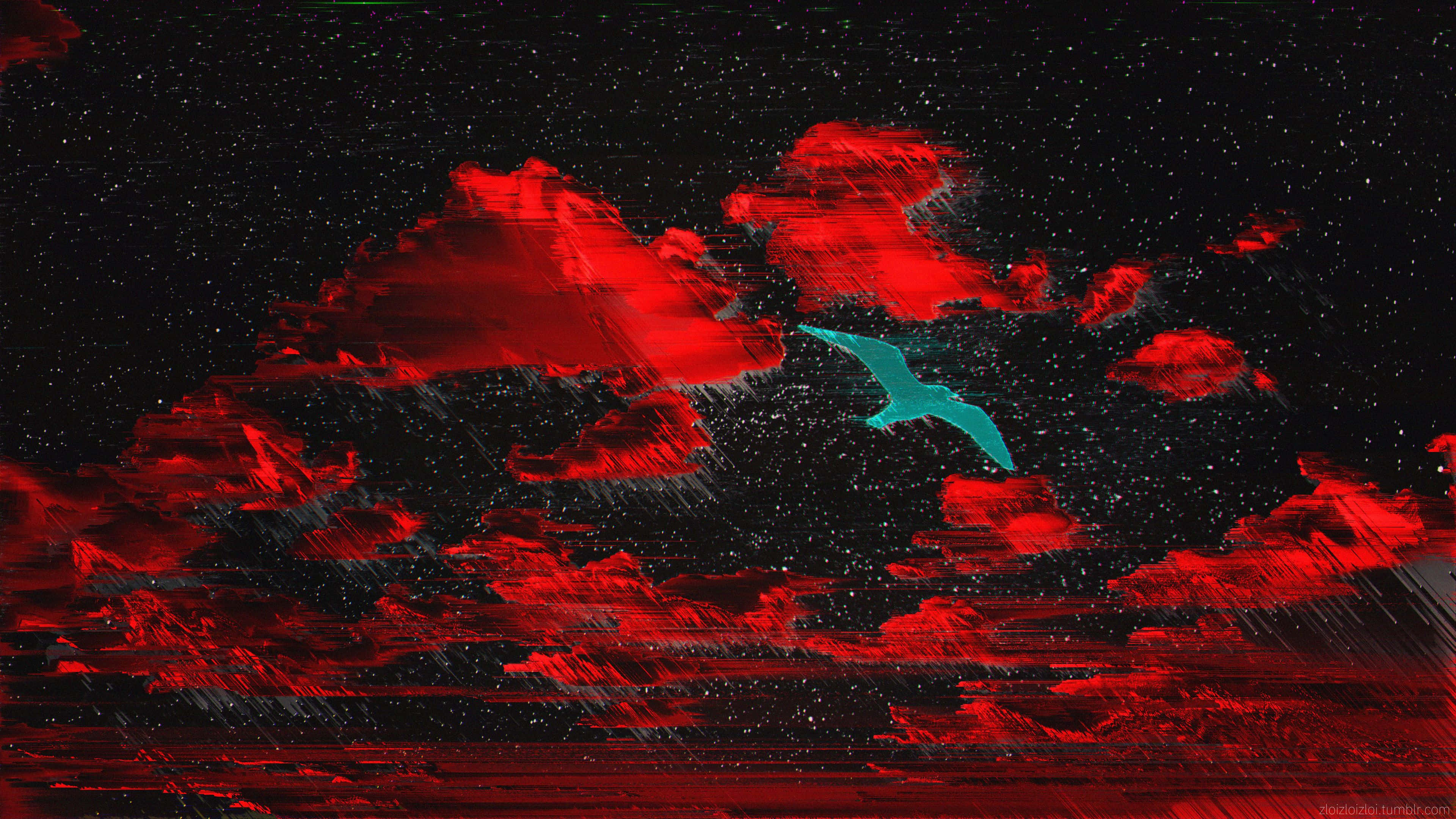 teal bird, starry night sky, vivid red glitchy clouds, 4K Desktop Wallpaper