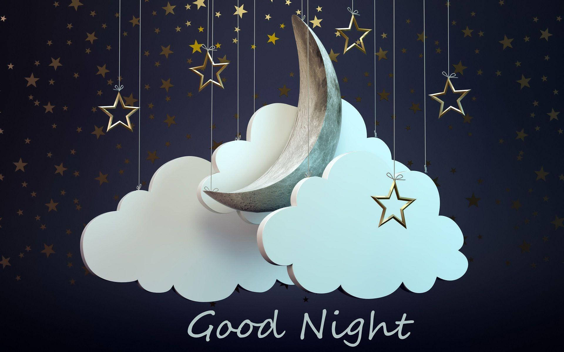 crescent moon, stars, fluffy clouds, Full HD Desktop Wallpaper
