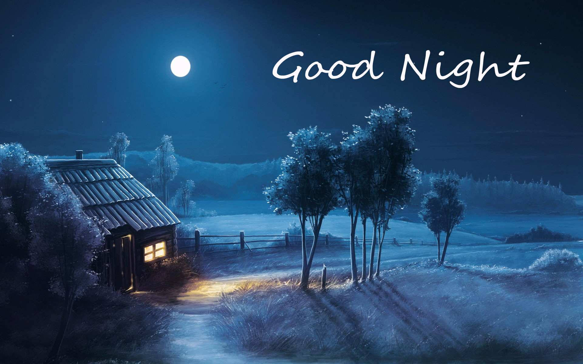 Moonlit Night, countryside, cabin, Full HD Desktop Wallpaper