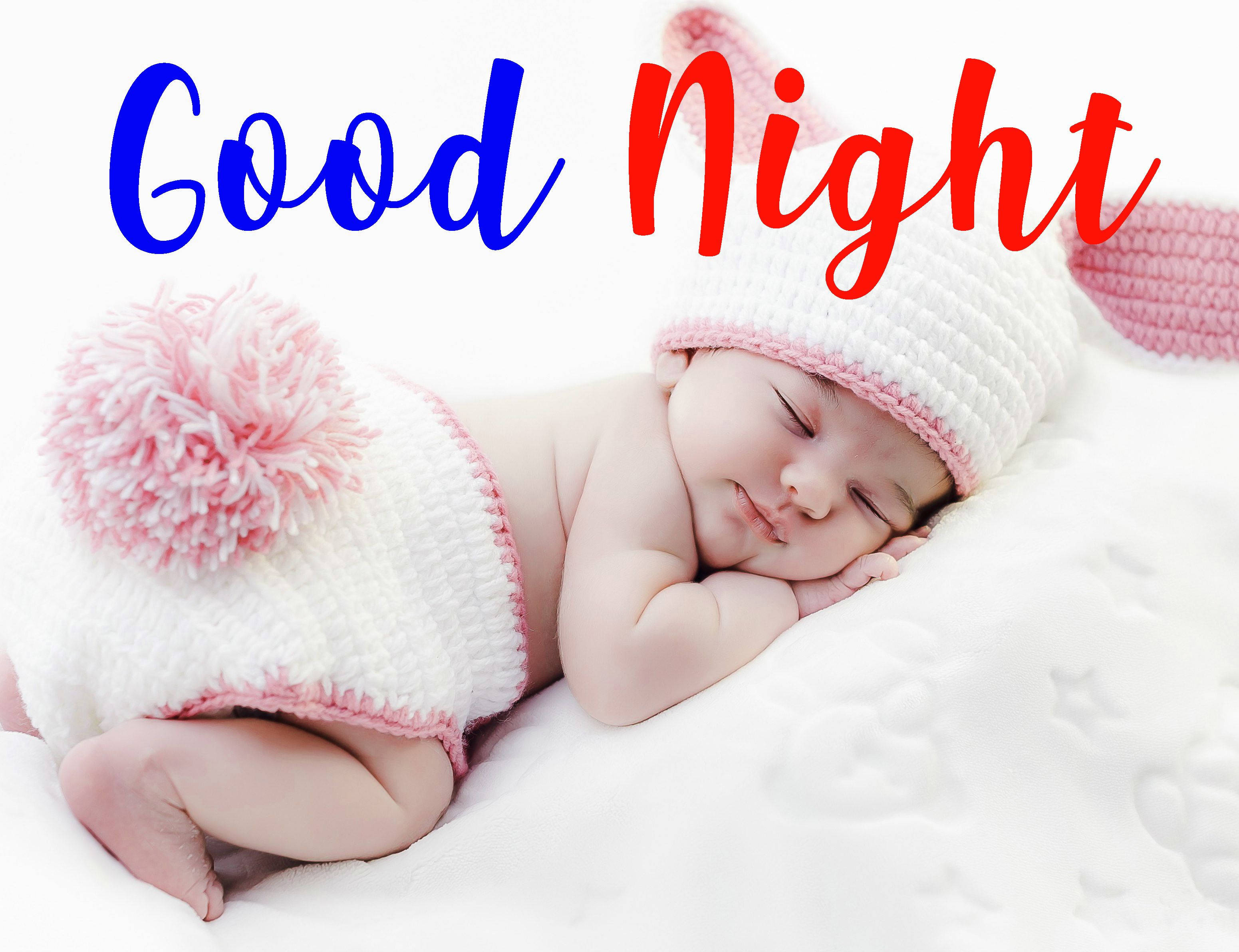 sleeping baby, pink and white crocheted bunny hat with pom-pom, white textured blanket, 2K Desktop Wallpaper