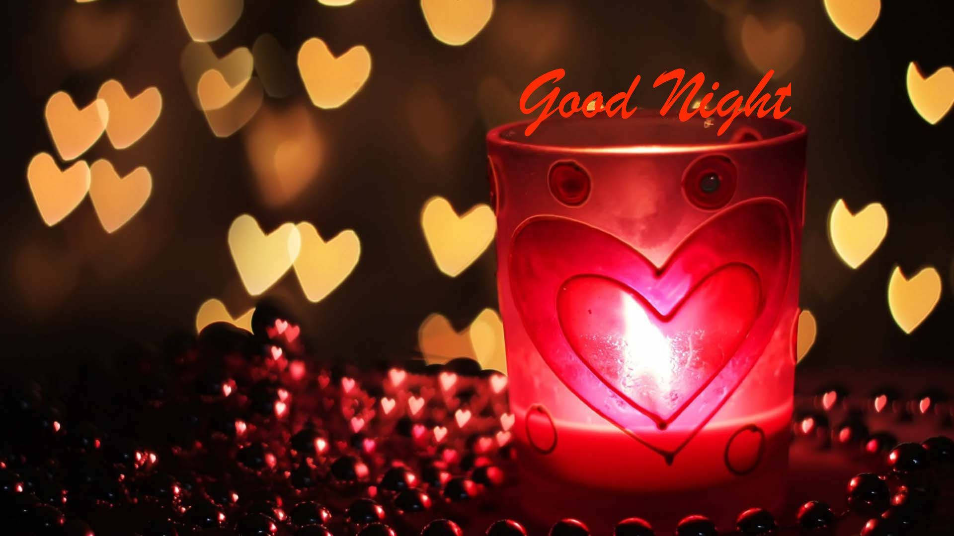 Good Night, red heart-shaped candle, red beads, Full HD Desktop Wallpaper