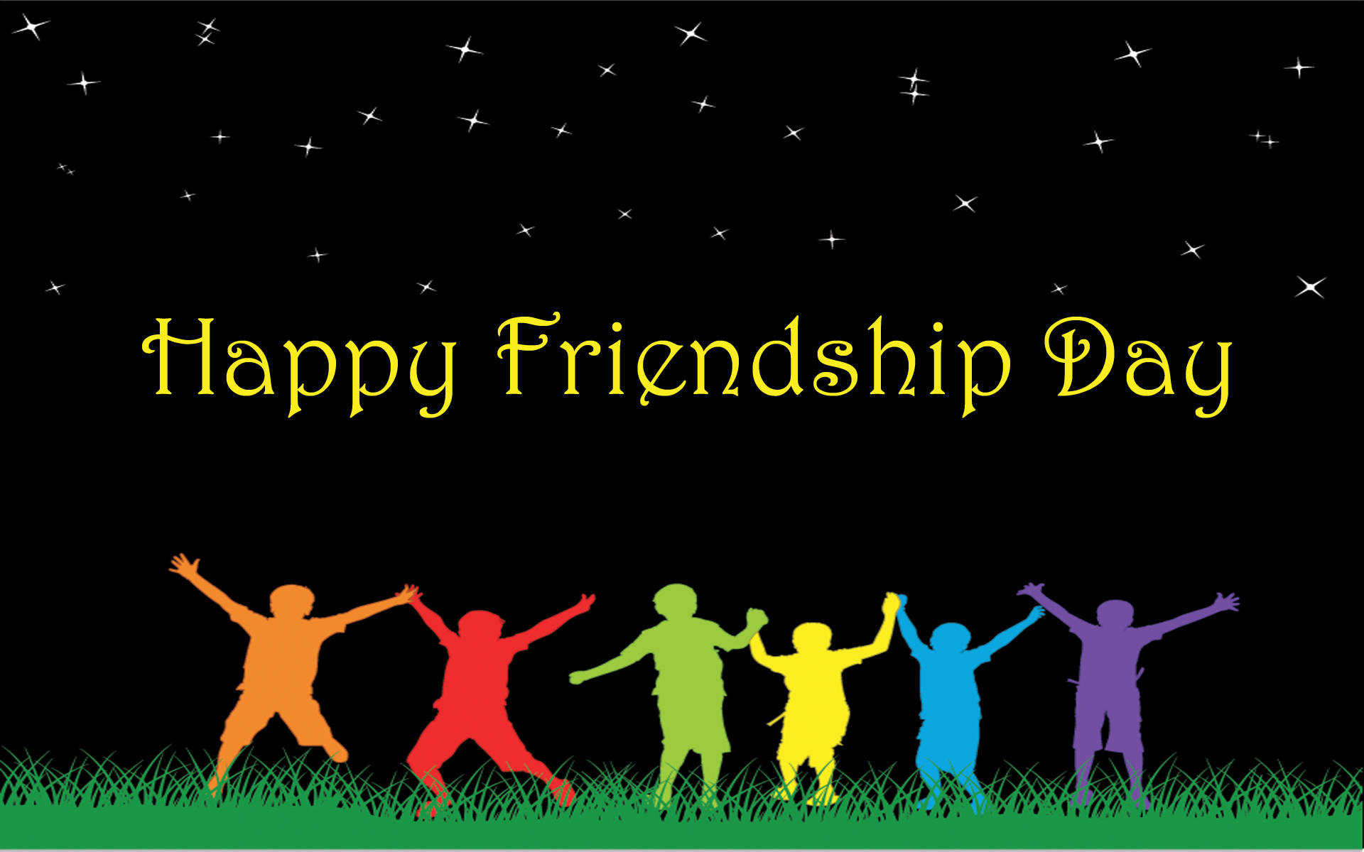 Friendship Day, starry night, rainbow-colored child silhouettes, Full HD Desktop Wallpaper