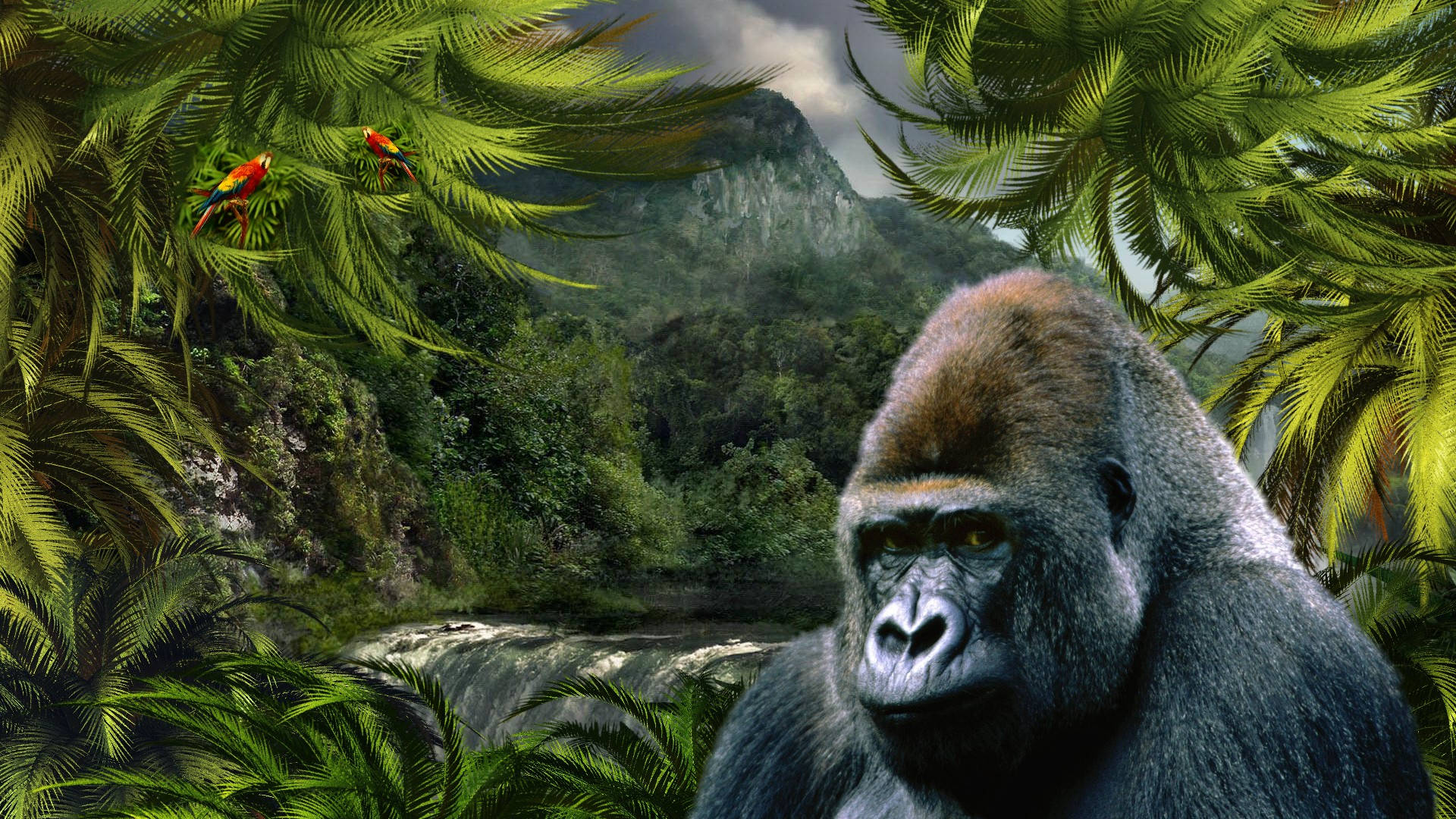 silverback gorilla, lush green palm fronds, vibrant red parrots, Full HD Desktop Wallpaper