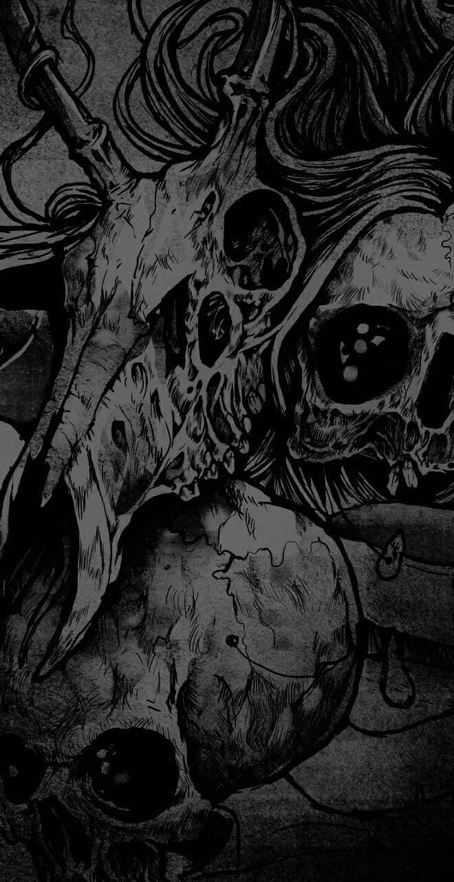 Cute Gothic, black and white illustration, intertwined skulls, HD Phone Wallpaper
