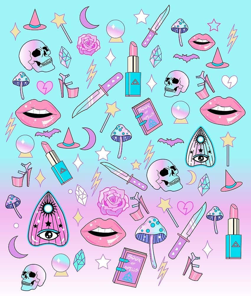 Cute Gothic, pastel gradient, whimsical witchy icons, SD Phone Wallpaper