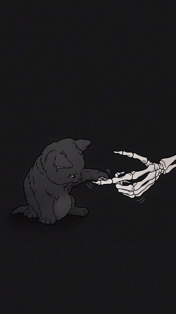 gray cat, skeletal hand, stark black background, HD Phone Wallpaper