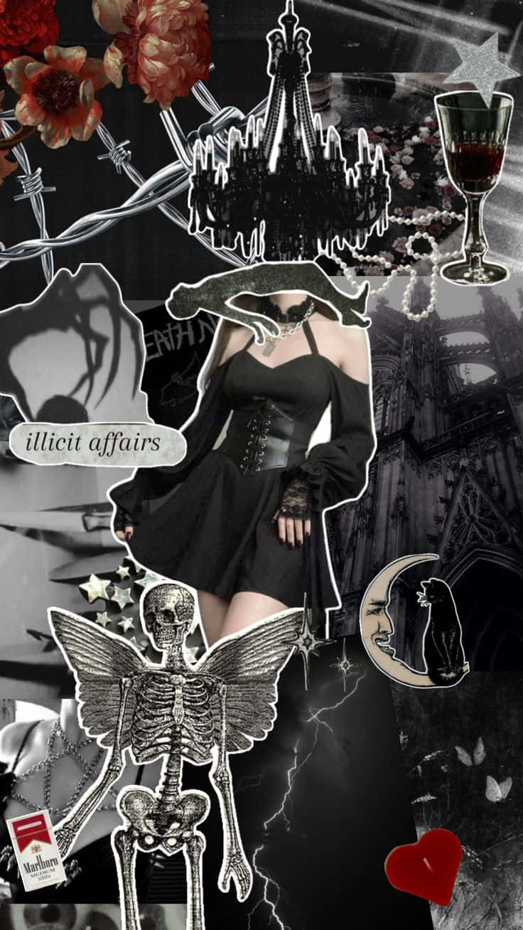 vintage goth collage aesthetic, black corseted figure, skeletal angel, HD Phone Wallpaper