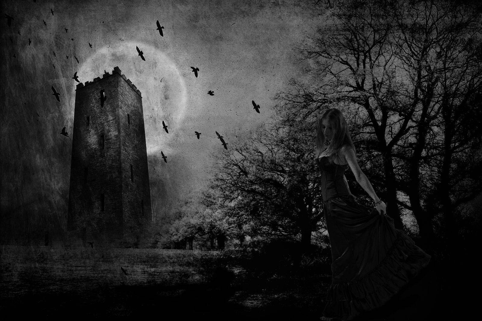 Gothic Girl, crumbling tower, full moon, HD Desktop Wallpaper