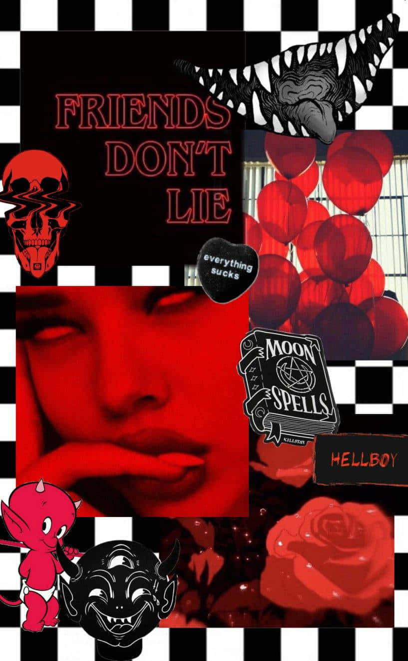 dark gothic collage aesthetic, black and white checkered collage, red balloons, HD Phone Wallpaper