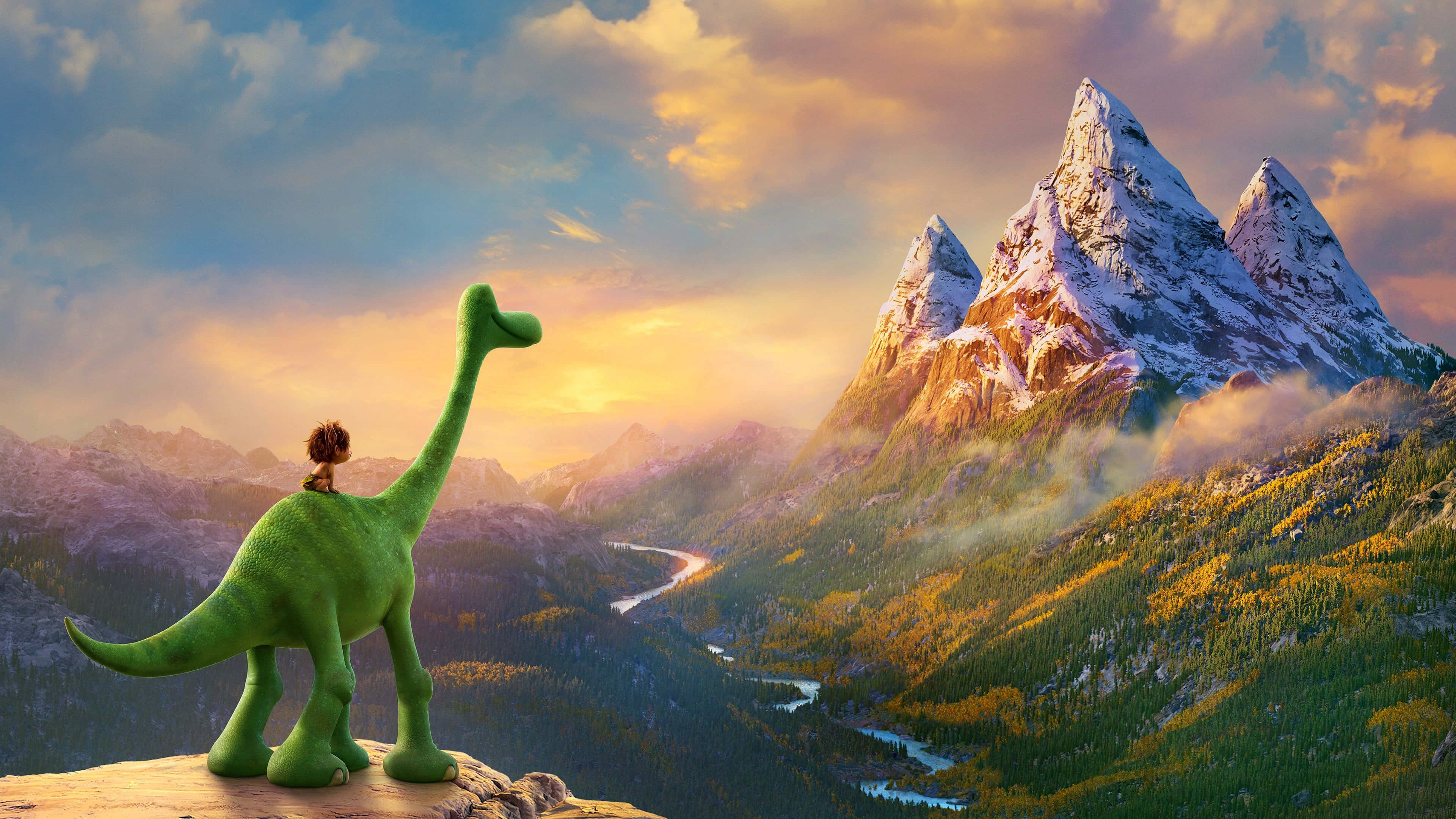green dinosaur, snowcapped mountains, golden sunset, 4K Desktop Wallpaper