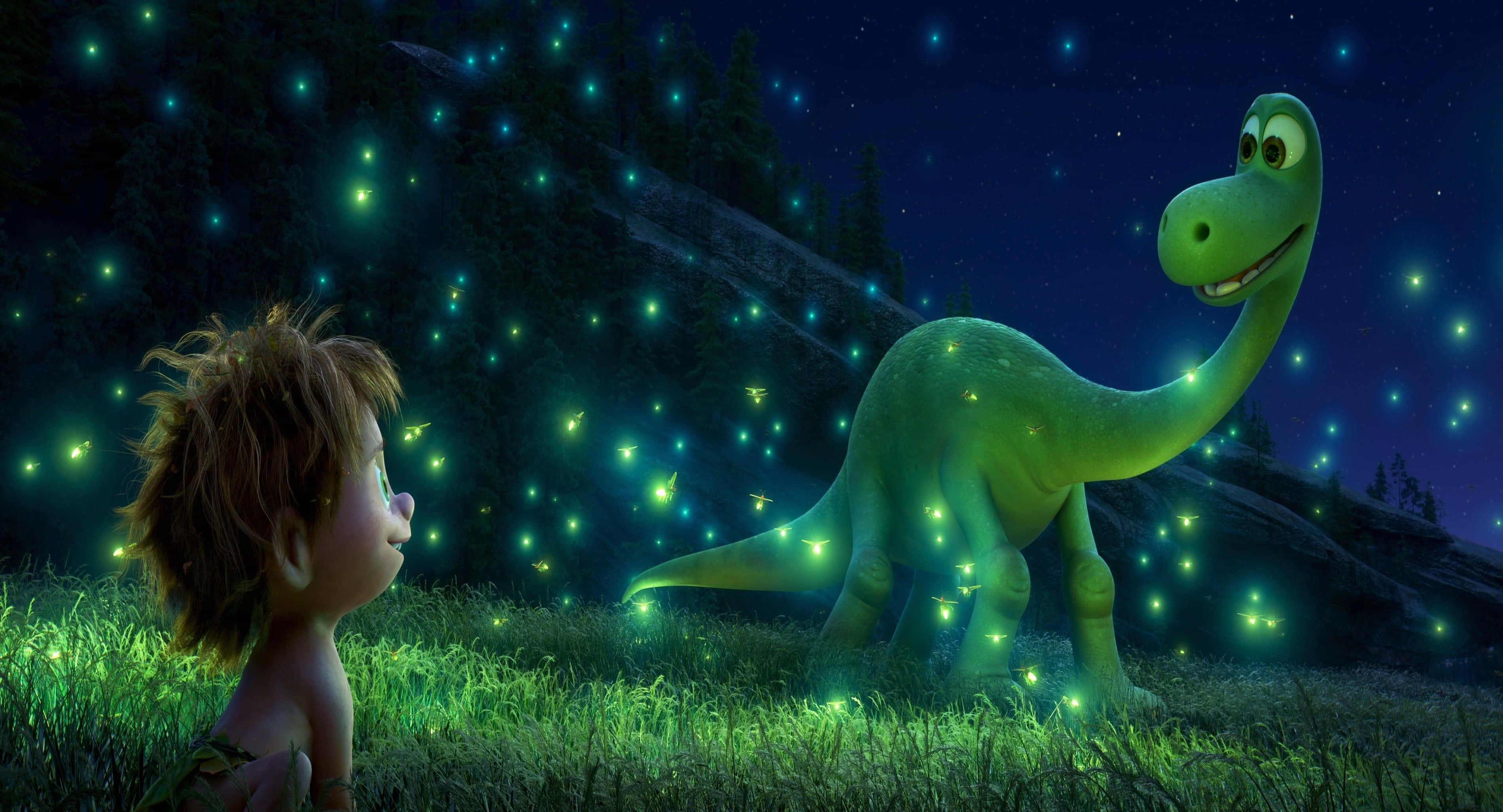 Cute Green Dinosaur, glowing green dinosaur, fireflies, 2K Desktop Wallpaper